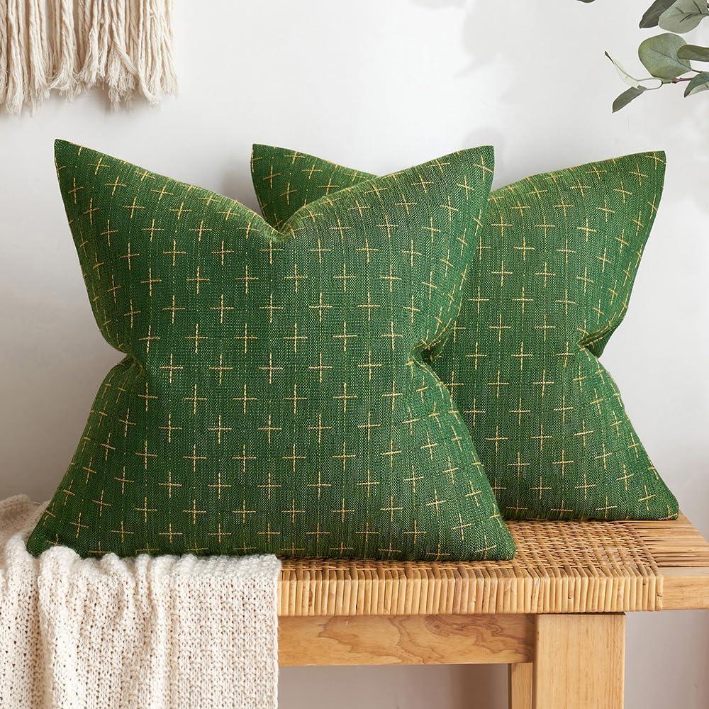 imageMIULEE Pack of 2 Decorative Burlap Linen Euro Sham Throw Pillow Covers for Sofa Couch Bed 24x24 Inch Modern Farmhouse Vintage Pillowcases Rustic Woven Textured Cushion Cover BlueChristmas Green