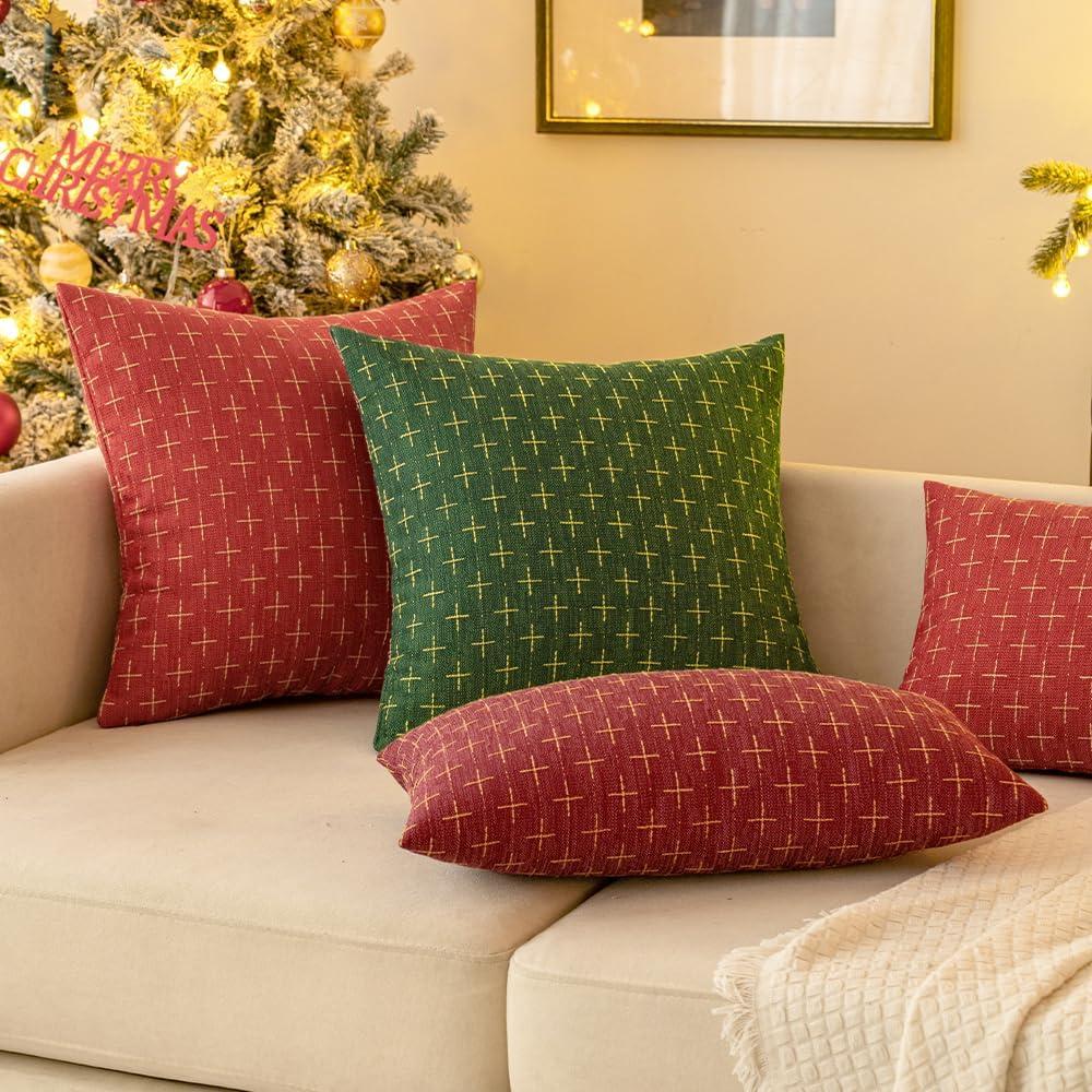 imageMIULEE Pack of 2 Decorative Burlap Linen Euro Sham Throw Pillow Covers for Sofa Couch Bed 24x24 Inch Modern Farmhouse Vintage Pillowcases Rustic Woven Textured Cushion Cover BlueChristmas Green