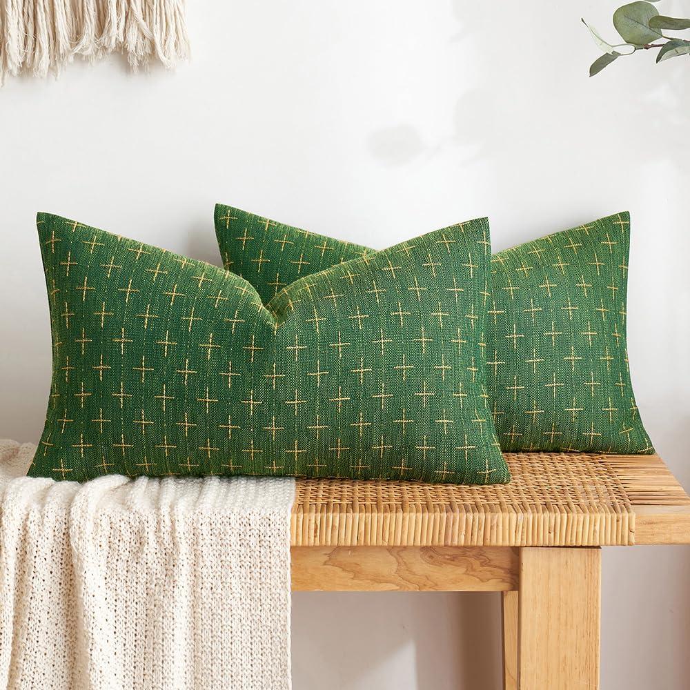 imageMIULEE Pack of 2 Decorative Burlap Linen Euro Sham Throw Pillow Covers for Sofa Couch Bed 24x24 Inch Modern Farmhouse Vintage Pillowcases Rustic Woven Textured Cushion Cover BlueChristmas Green