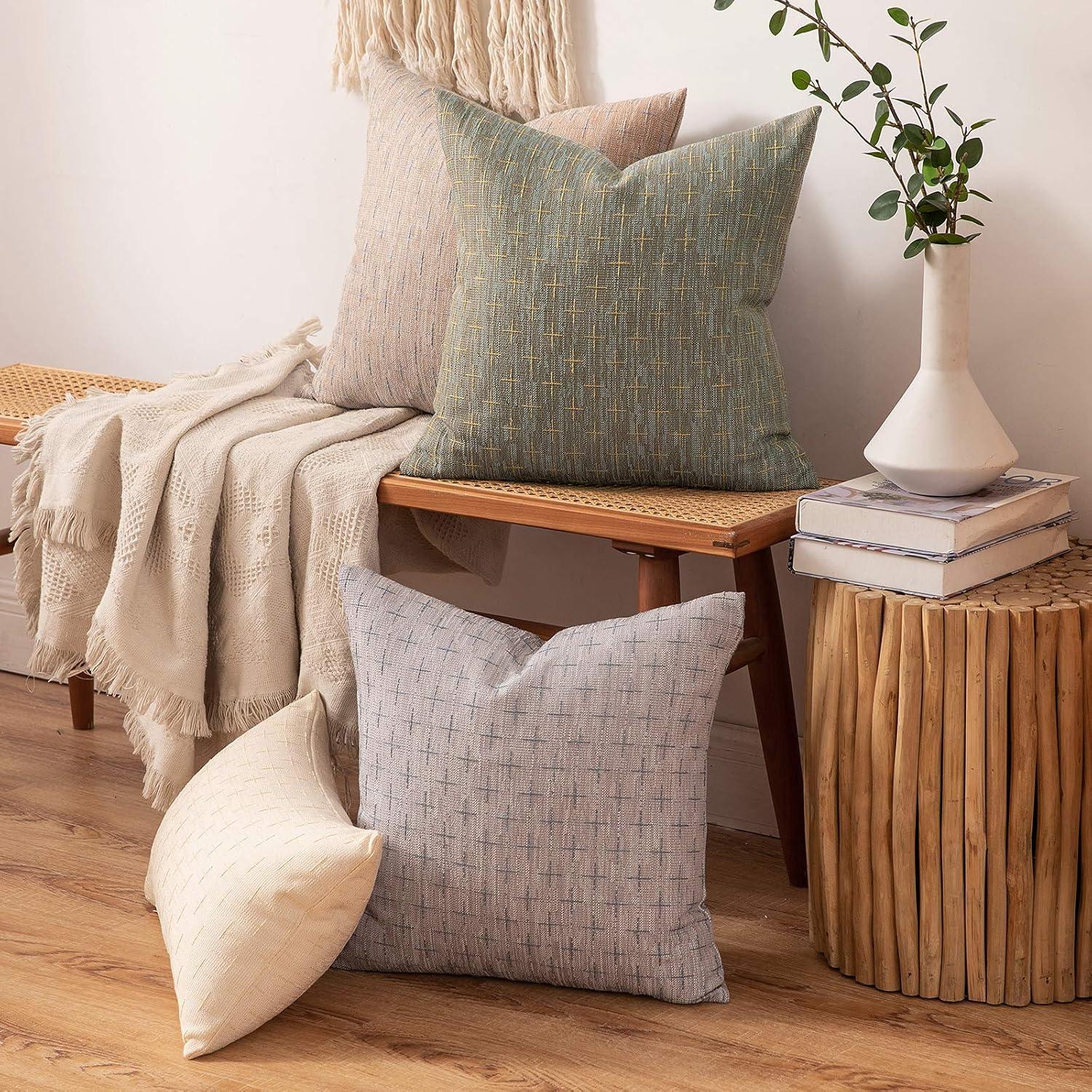 imageMIULEE Pack of 2 Decorative Burlap Linen Euro Sham Throw Pillow Covers for Sofa Couch Bed 24x24 Inch Modern Farmhouse Vintage Pillowcases Rustic Woven Textured Cushion Cover BlueKhaki