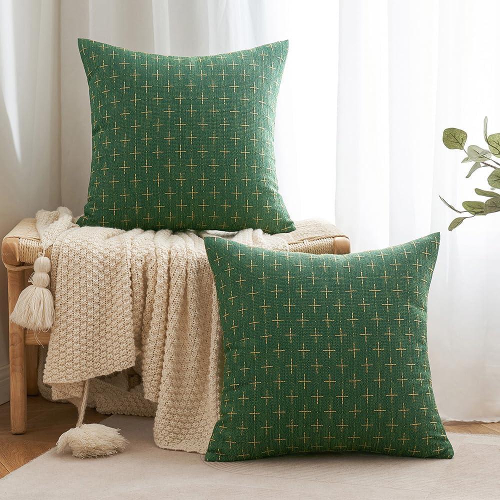 imageMIULEE Pack of 2 Decorative Burlap Linen Euro Sham Throw Pillow Covers for Sofa Couch Bed 24x24 Inch Modern Farmhouse Vintage Pillowcases Rustic Woven Textured Cushion Cover BlueChristmas Green