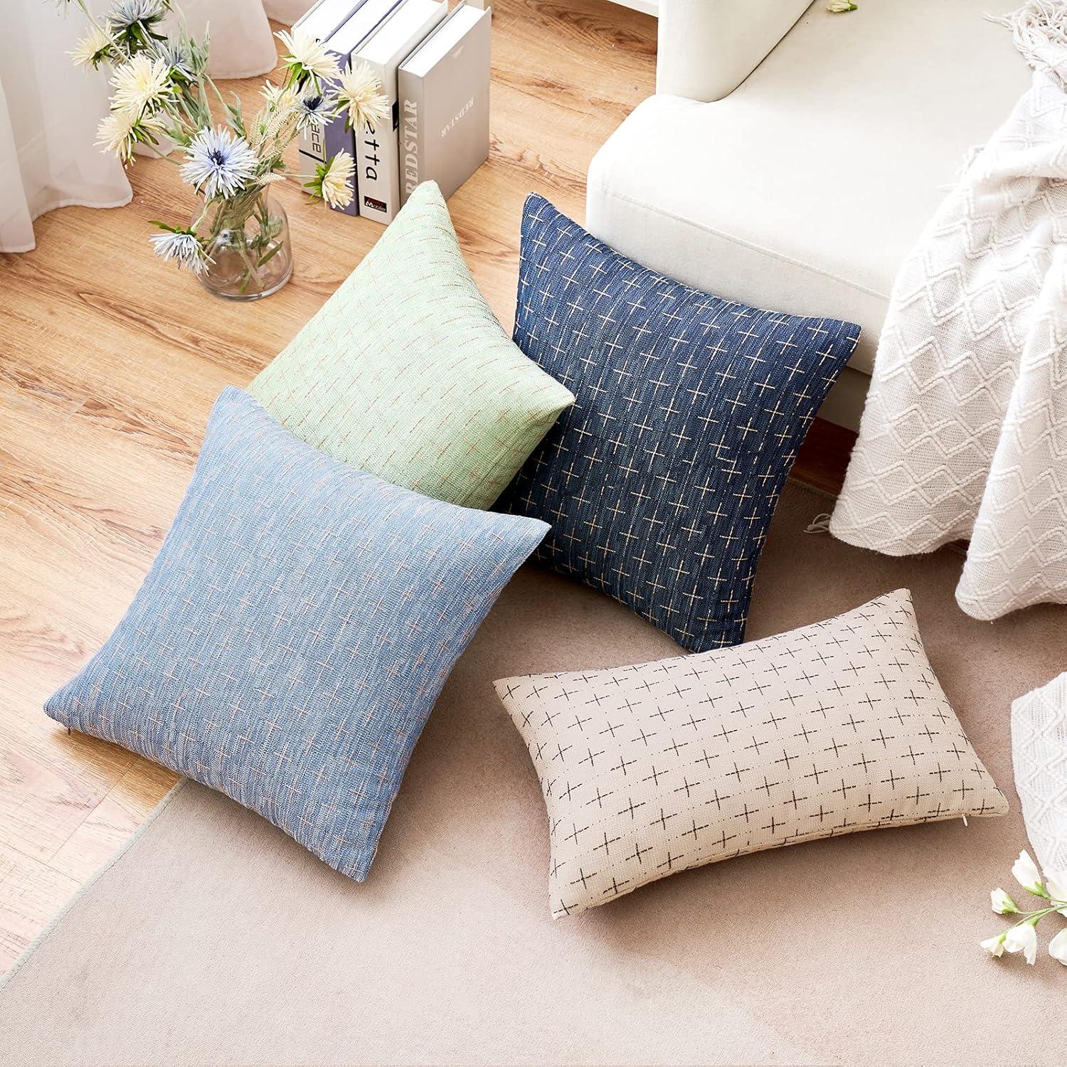 imageMIULEE Pack of 2 Decorative Burlap Linen Euro Sham Throw Pillow Covers for Sofa Couch Bed 24x24 Inch Modern Farmhouse Vintage Pillowcases Rustic Woven Textured Cushion Cover BlueBeige