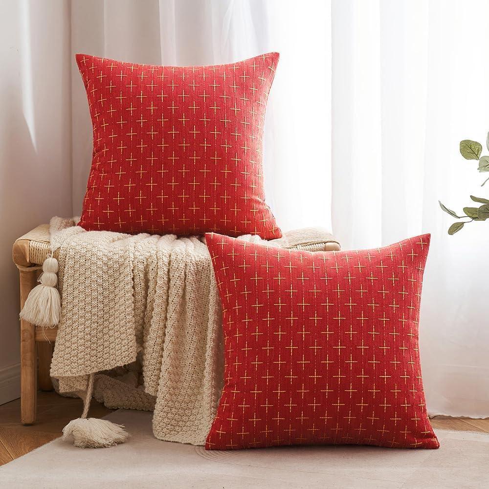 imageMIULEE Pack of 2 Decorative Burlap Linen Euro Sham Throw Pillow Covers for Sofa Couch Bed 24x24 Inch Modern Farmhouse Vintage Pillowcases Rustic Woven Textured Cushion Cover BlueChristmas Red