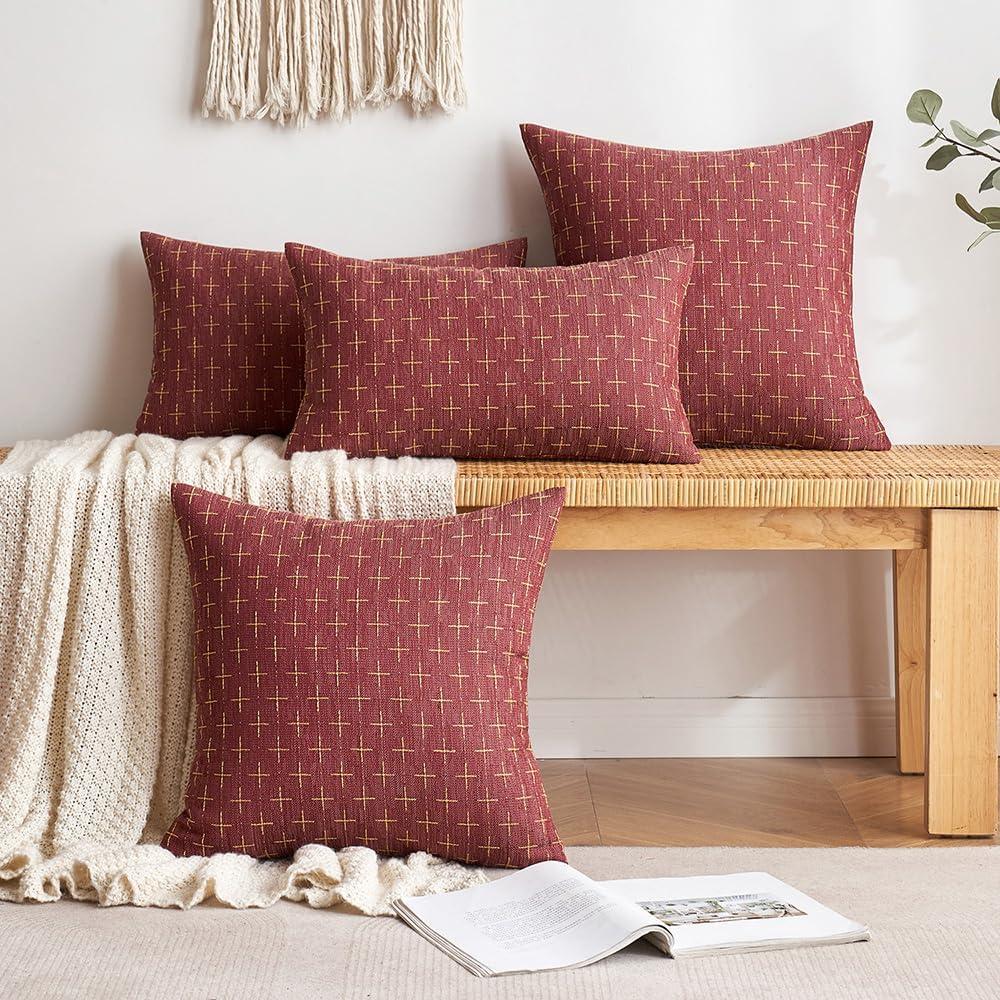 imageMIULEE Pack of 2 Decorative Burlap Linen Euro Sham Throw Pillow Covers for Sofa Couch Bed 24x24 Inch Modern Farmhouse Vintage Pillowcases Rustic Woven Textured Cushion Cover BlueWine Red