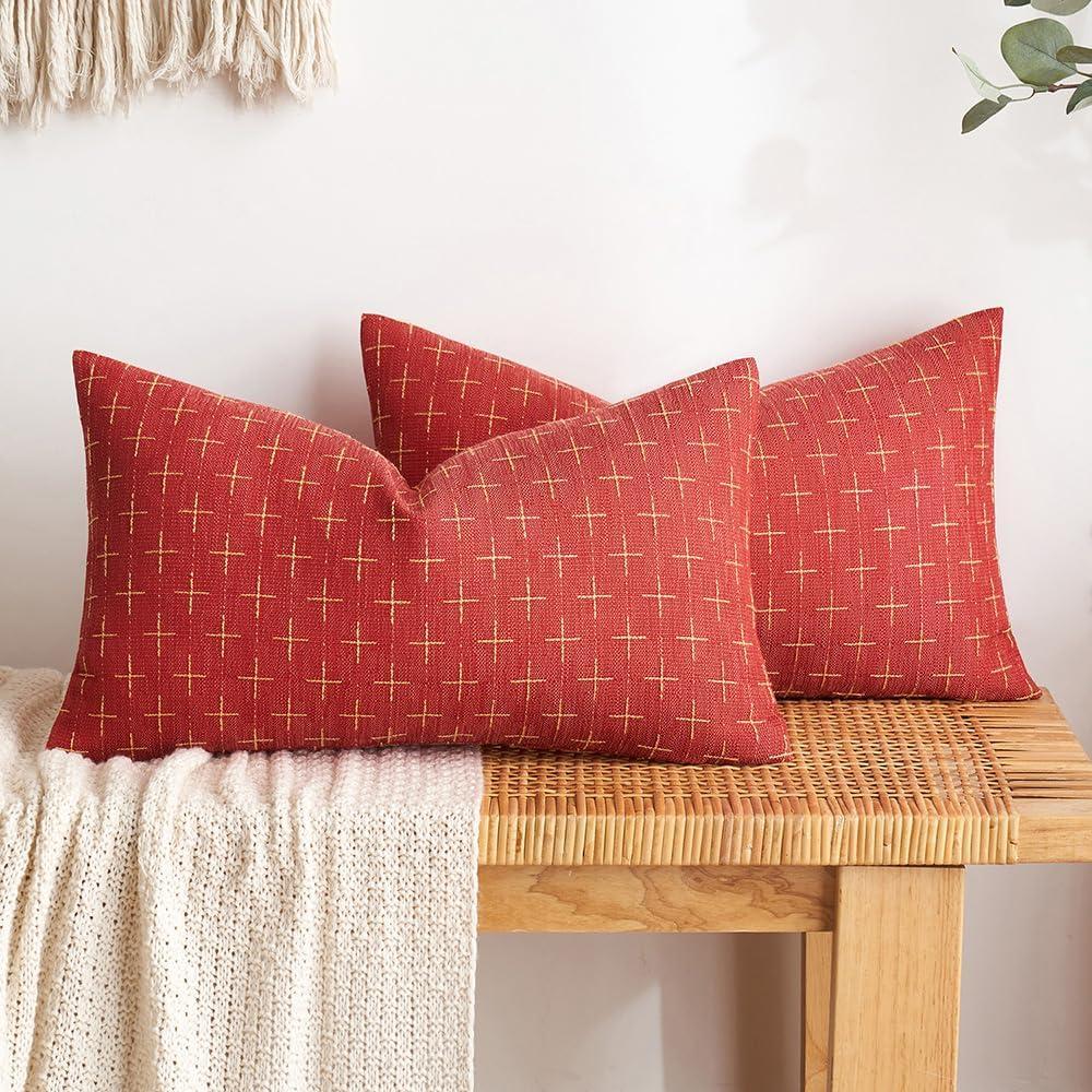 imageMIULEE Pack of 2 Decorative Burlap Linen Euro Sham Throw Pillow Covers for Sofa Couch Bed 24x24 Inch Modern Farmhouse Vintage Pillowcases Rustic Woven Textured Cushion Cover BlueChristmas Red
