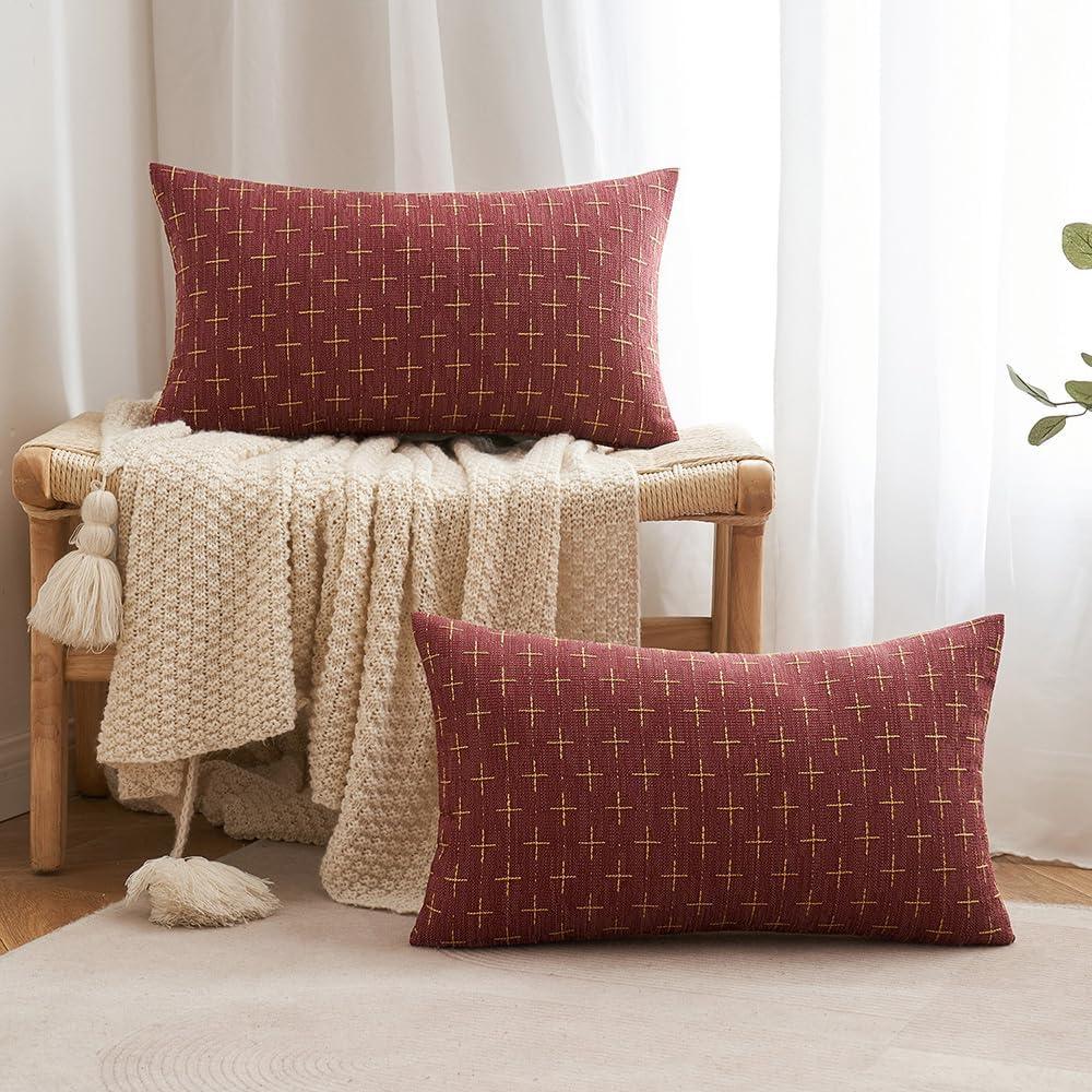 imageMIULEE Pack of 2 Decorative Burlap Linen Euro Sham Throw Pillow Covers for Sofa Couch Bed 24x24 Inch Modern Farmhouse Vintage Pillowcases Rustic Woven Textured Cushion Cover BlueWine Red