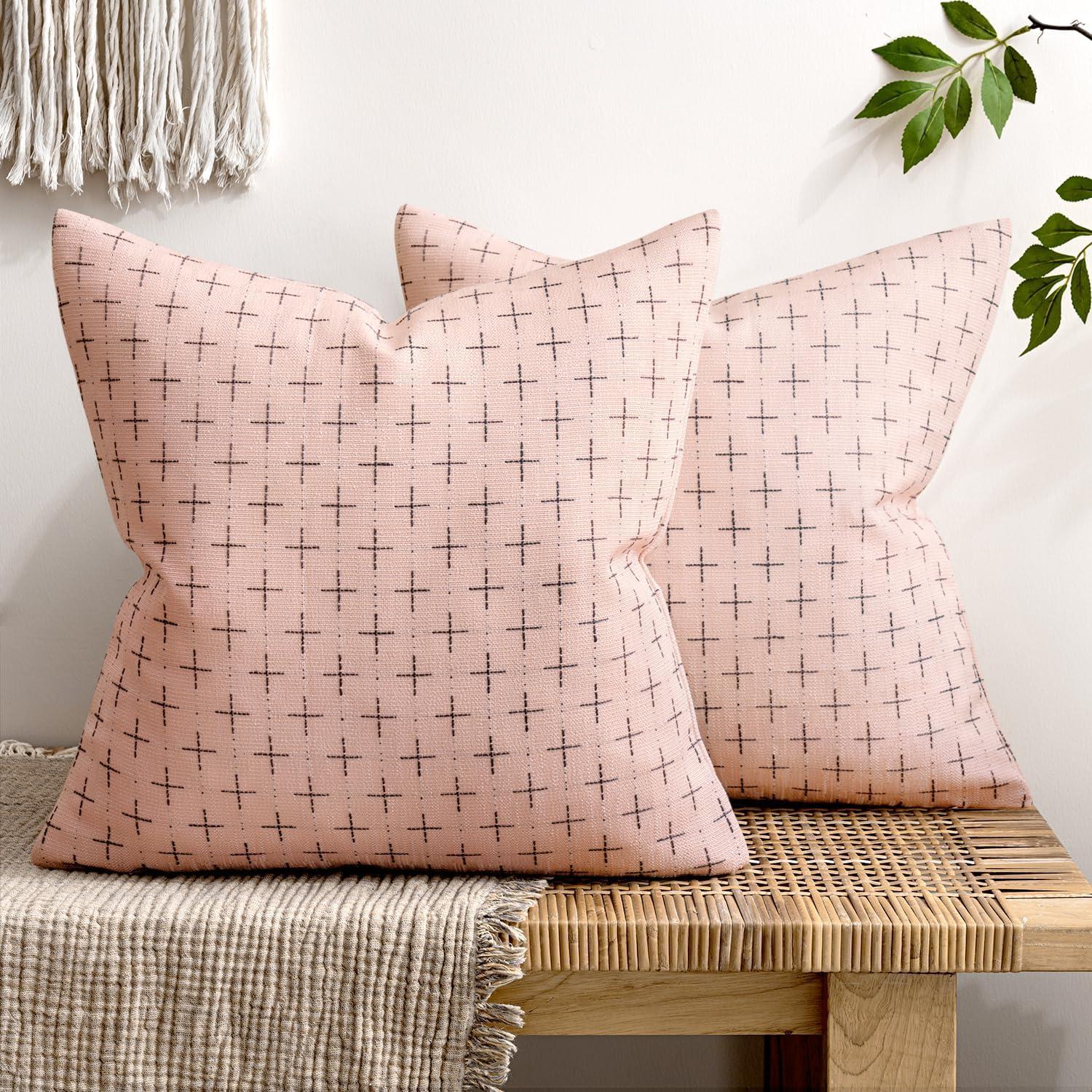 imageMIULEE Pack of 2 Decorative Burlap Linen Euro Sham Throw Pillow Covers for Sofa Couch Bed 24x24 Inch Modern Farmhouse Vintage Pillowcases Rustic Woven Textured Cushion Cover BluePink