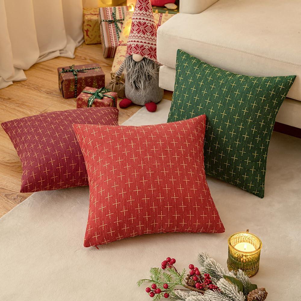 imageMIULEE Pack of 2 Decorative Burlap Linen Euro Sham Throw Pillow Covers for Sofa Couch Bed 24x24 Inch Modern Farmhouse Vintage Pillowcases Rustic Woven Textured Cushion Cover BlueChristmas Red
