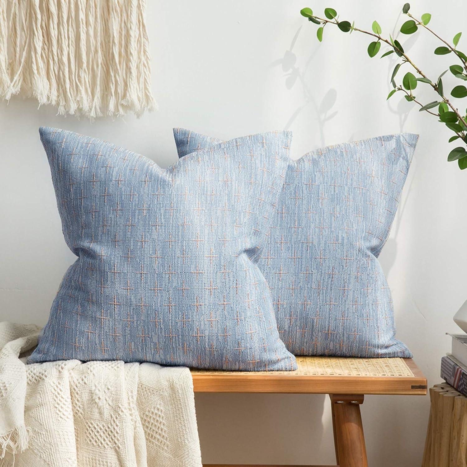 imageMIULEE Pack of 2 Decorative Burlap Linen Euro Sham Throw Pillow Covers for Sofa Couch Bed 24x24 Inch Modern Farmhouse Vintage Pillowcases Rustic Woven Textured Cushion Cover BlueLight Blue