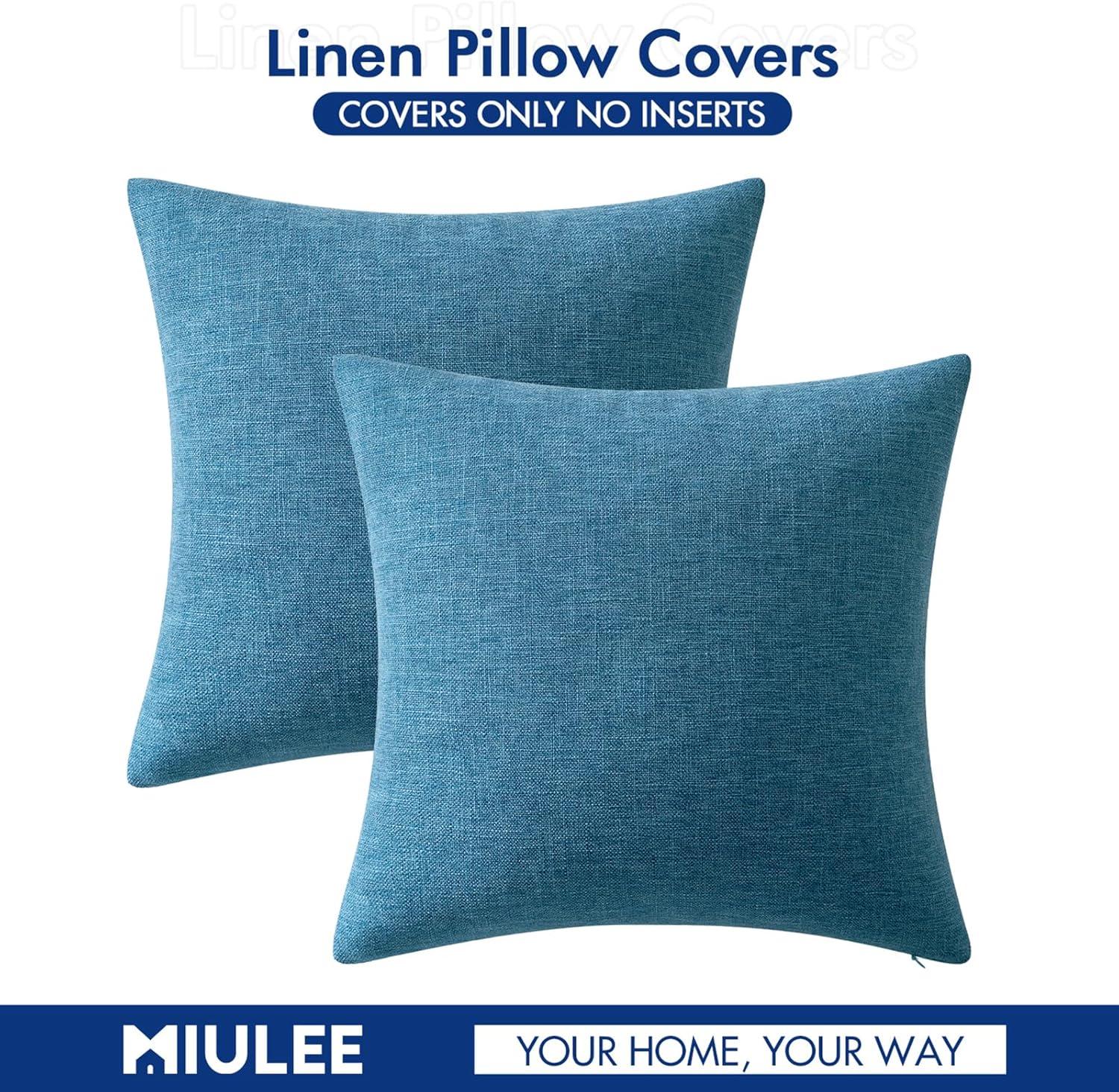 imageMIULEE Pack of 2 Decorative Farmhouse Linen Pillow Covers Rustic Boho Accent Outdoor Couch Throw Pillow Covers for Cushion Bed Sofa Living Room Home Decor 18x18 Inch IvoryBlue