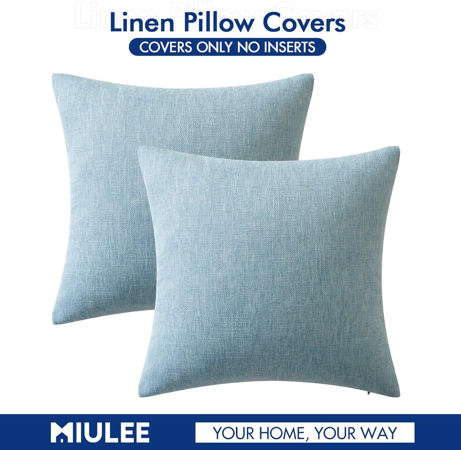 imageMIULEE Pack of 2 Decorative Farmhouse Linen Pillow Covers Rustic Boho Accent Outdoor Couch Throw Pillow Covers for Cushion Bed Sofa Living Room Home Decor 20x20 Inch NeutralLight Blue
