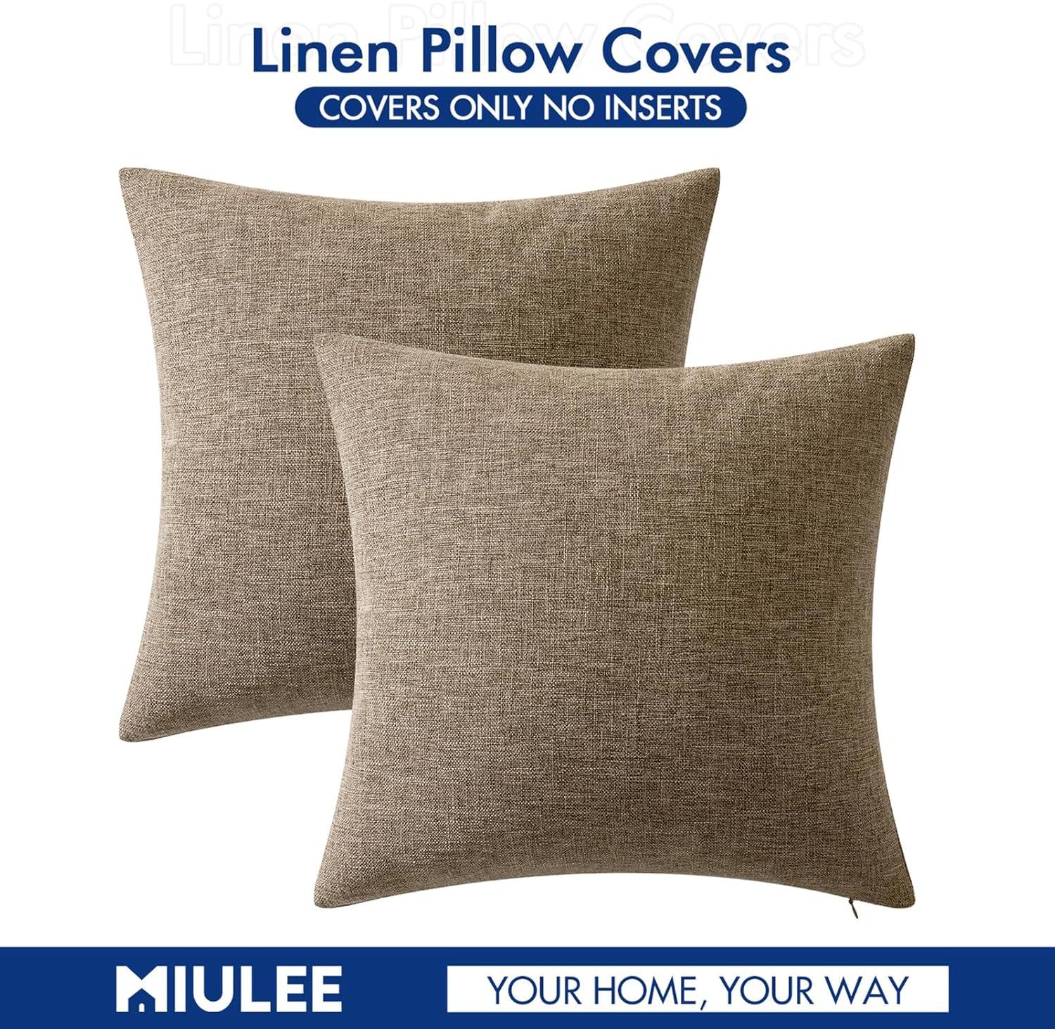 imageMIULEE Pack of 2 Decorative Farmhouse Linen Pillow Covers Rustic Boho Accent Outdoor Couch Throw Pillow Covers for Cushion Bed Sofa Living Room Home Decor 18x18 Inch IvoryBrown