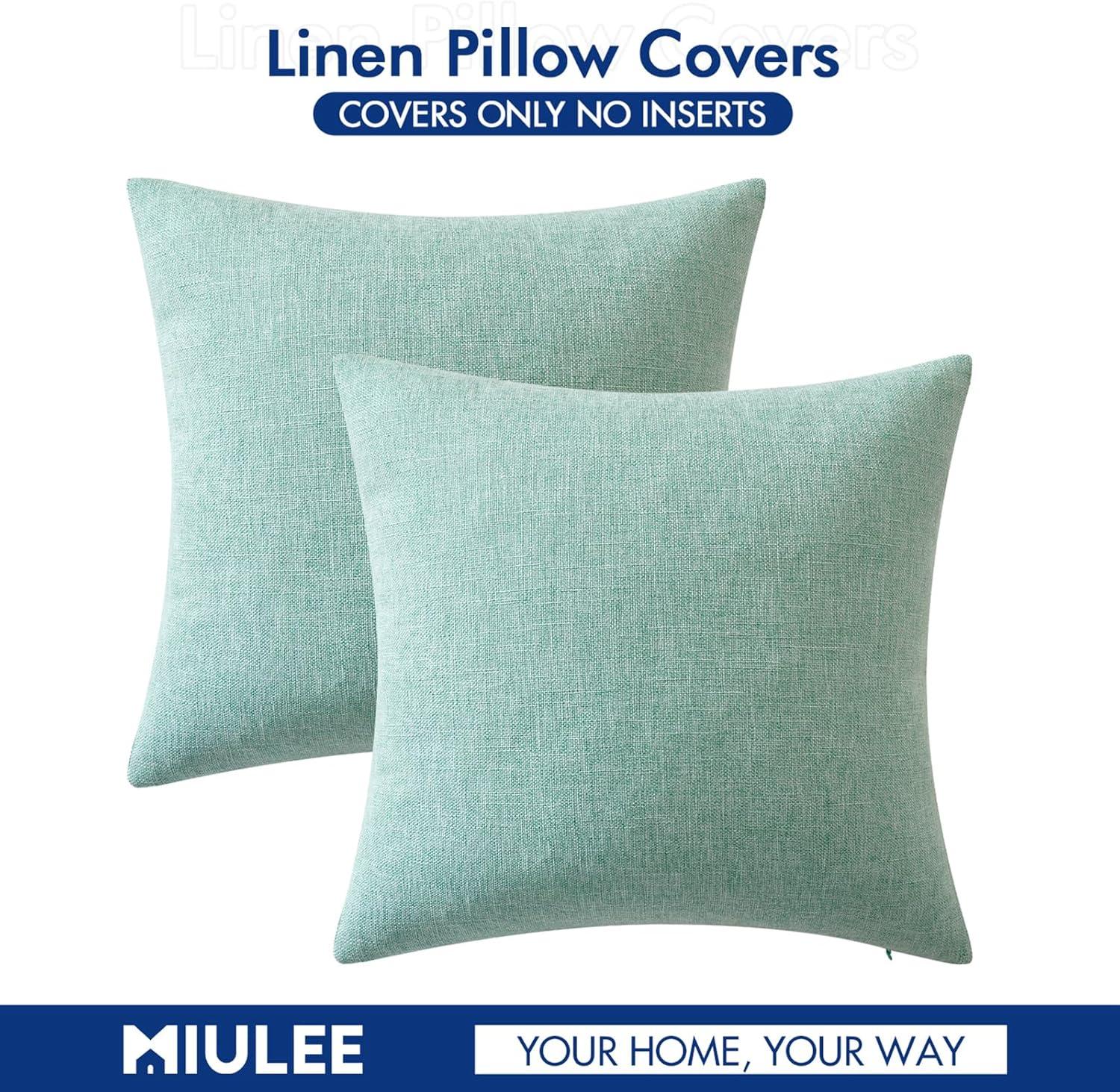 imageMIULEE Pack of 2 Decorative Farmhouse Linen Pillow Covers Rustic Boho Accent Outdoor Couch Throw Pillow Covers for Cushion Bed Sofa Living Room Home Decor 20x20 Inch NeutralAqua Green