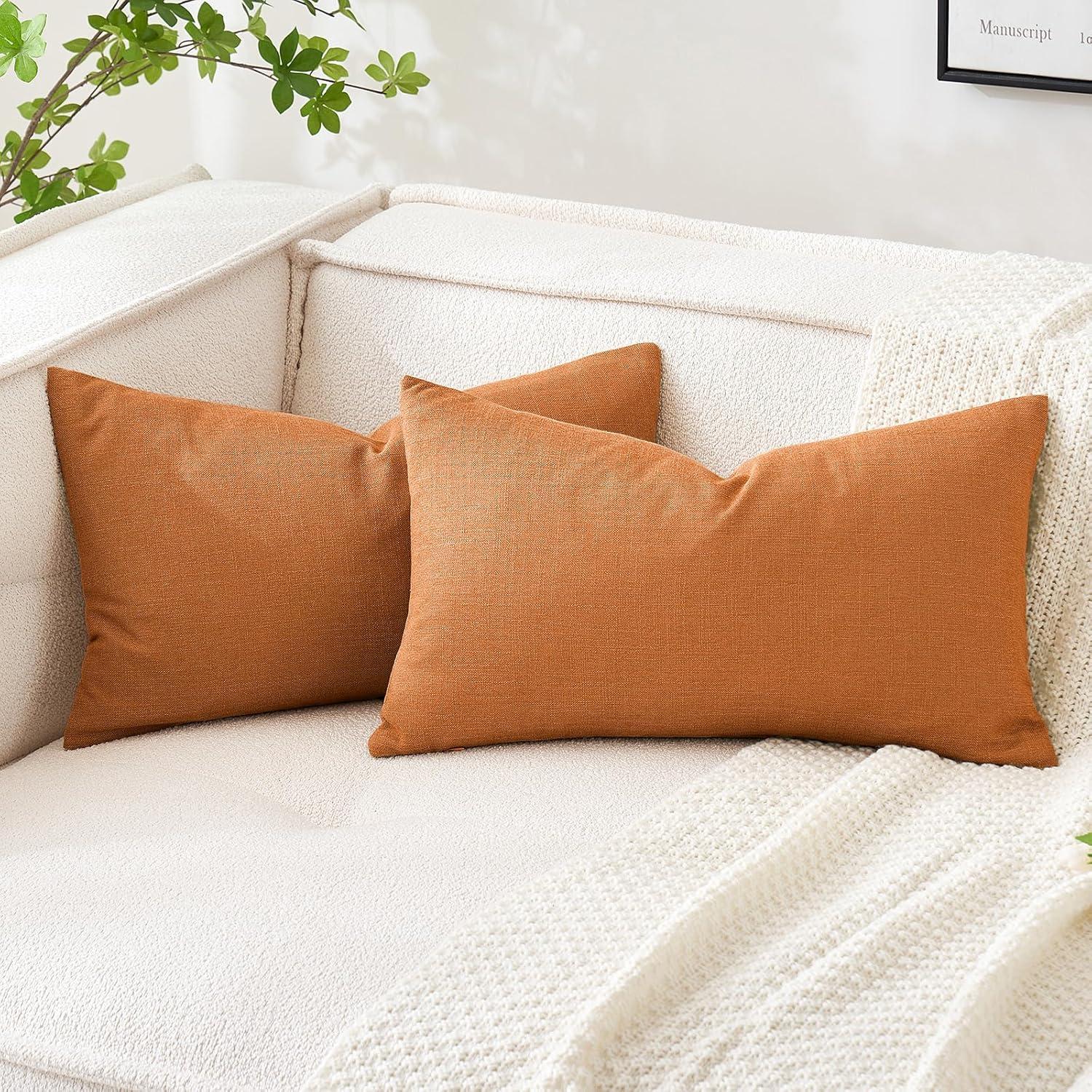 imageMIULEE Pack of 2 Decorative Linen Burlap Textured Pillow Covers Farmhouse Boho Accent Pillowcases Spring Home Decor for Couch Sofa Bedroom Living Room 18x18 Inch Light Olive GreenBurnt Orange
