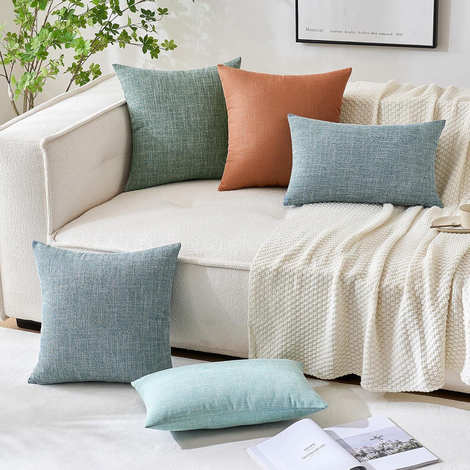 imageMIULEE Pack of 2 Decorative Linen Burlap Textured Pillow Covers Farmhouse Boho Accent Pillowcases Spring Home Decor for Couch Sofa Bedroom Living Room 18x18 Inch Light Olive GreenRust