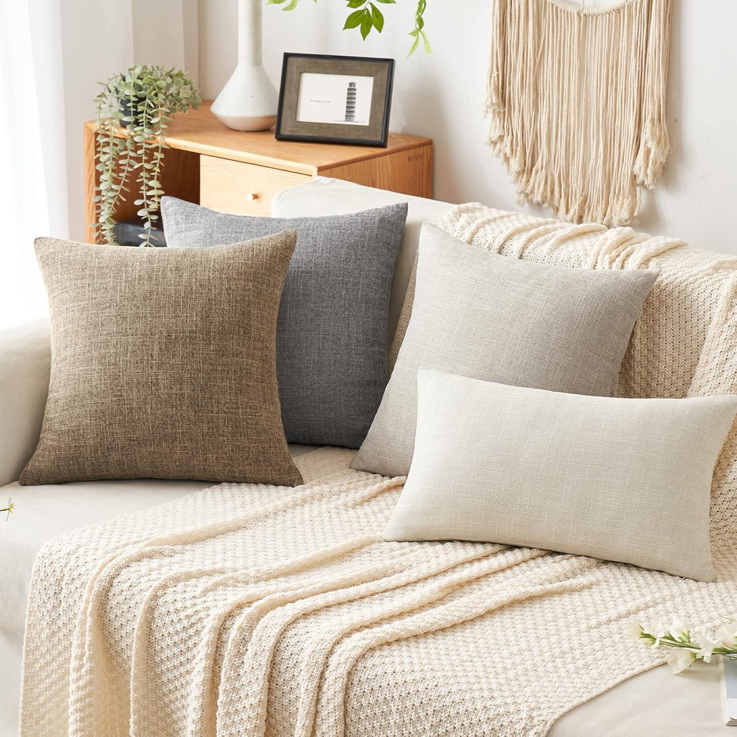 imageMIULEE Pack of 2 Decorative Linen Burlap Textured Pillow Covers Farmhouse Boho Accent Pillowcases Spring Home Decor for Couch Sofa Bedroom Living Room 18x18 Inch Light Olive GreenBrown