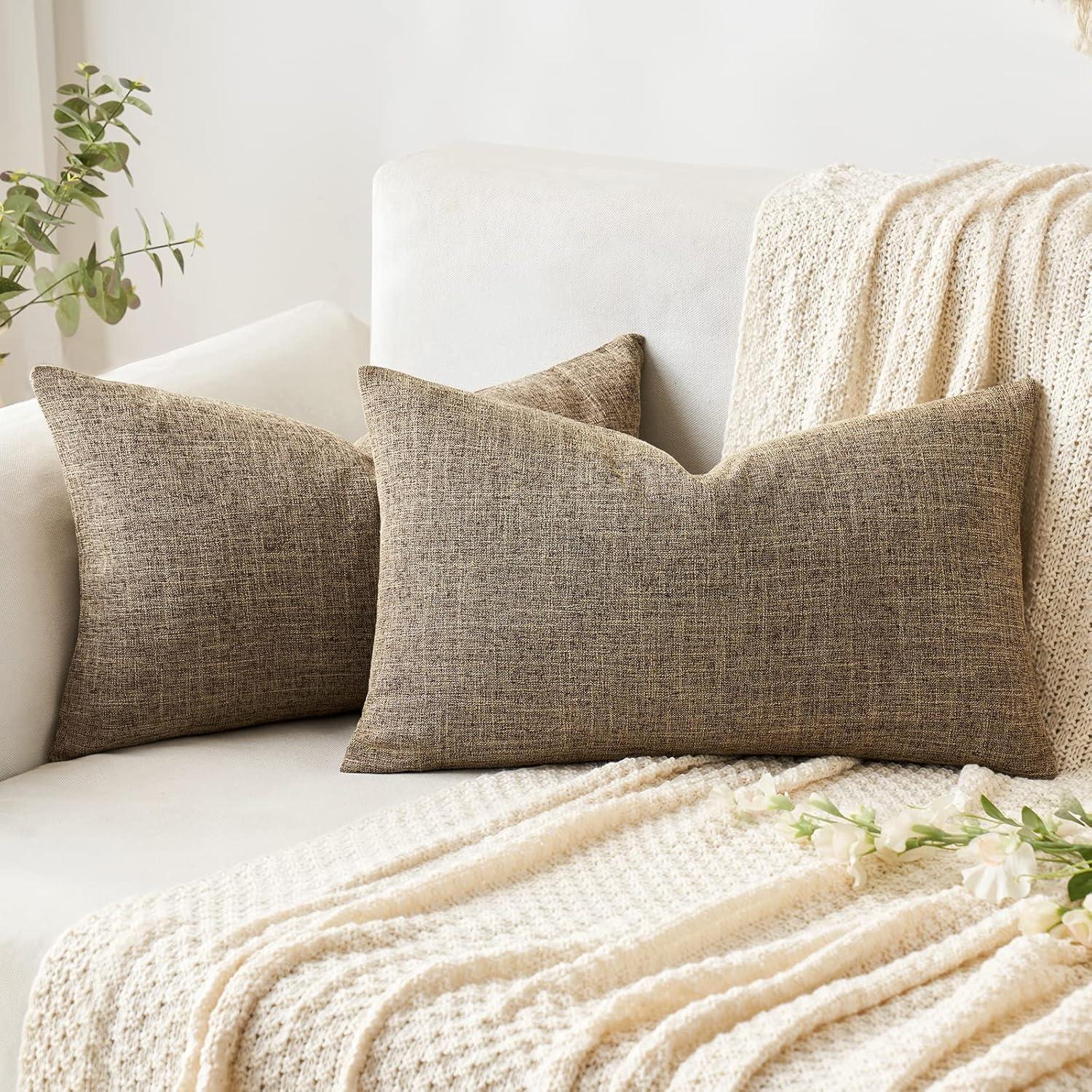imageMIULEE Pack of 2 Decorative Linen Burlap Textured Pillow Covers Farmhouse Boho Accent Pillowcases Spring Home Decor for Couch Sofa Bedroom Living Room 18x18 Inch Light Olive GreenBrown