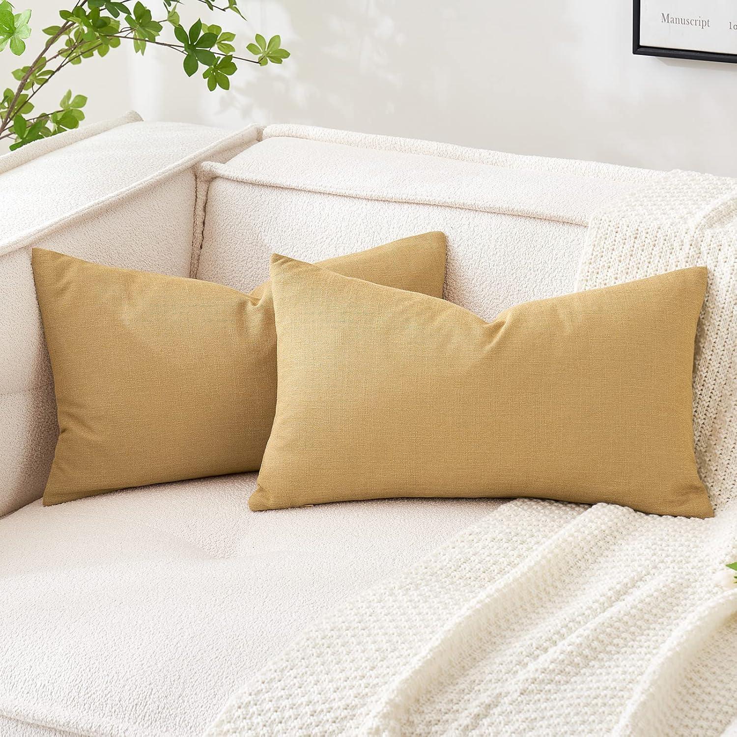 imageMIULEE Pack of 2 Decorative Linen Burlap Textured Pillow Covers Farmhouse Boho Accent Pillowcases Spring Home Decor for Couch Sofa Bedroom Living Room 18x18 Inch Light Olive GreenMustard Yellow