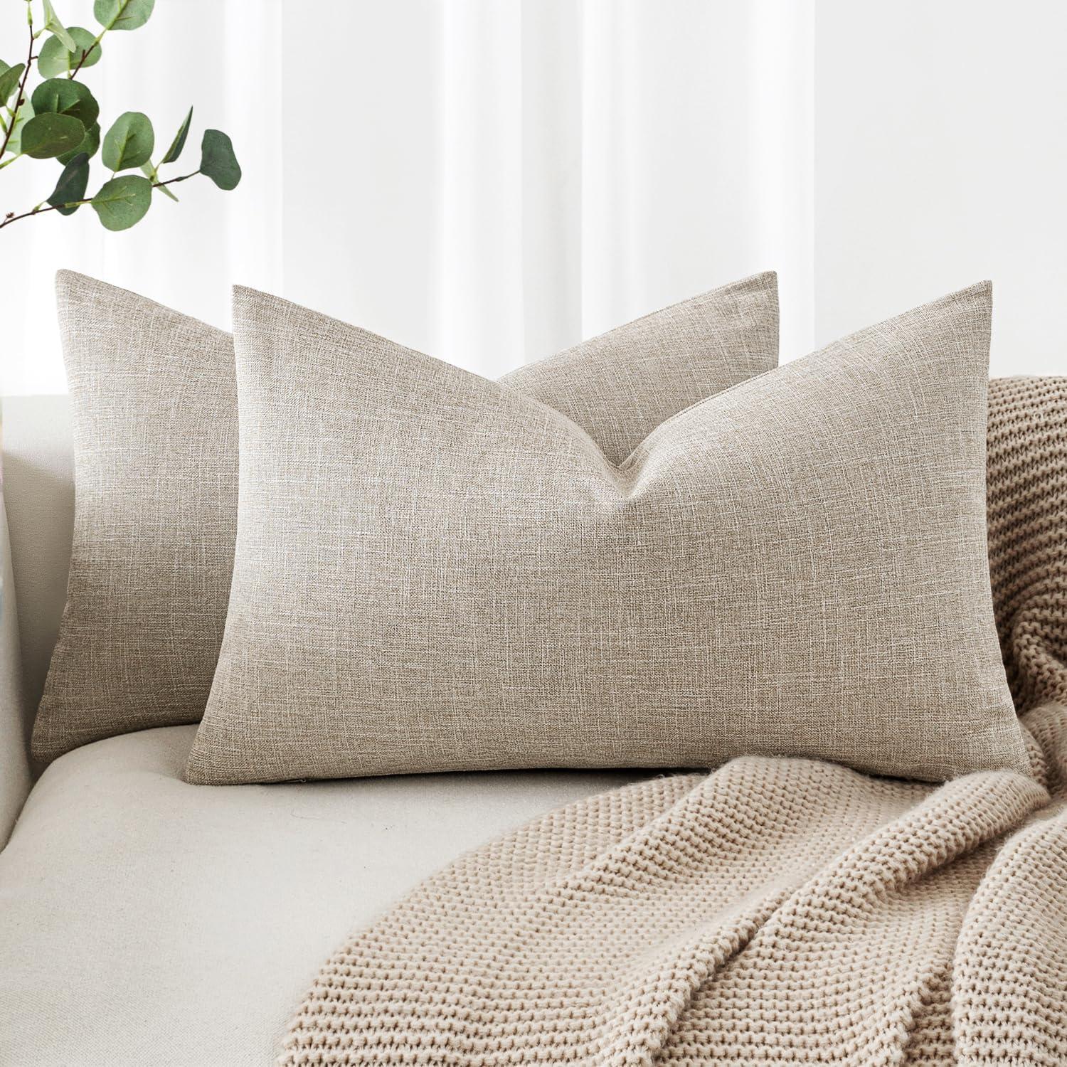 imageMIULEE Pack of 2 Decorative Linen Burlap Textured Pillow Covers Farmhouse Boho Accent Pillowcases Spring Home Decor for Couch Sofa Bedroom Living Room 18x18 Inch Light Olive GreenTaupe