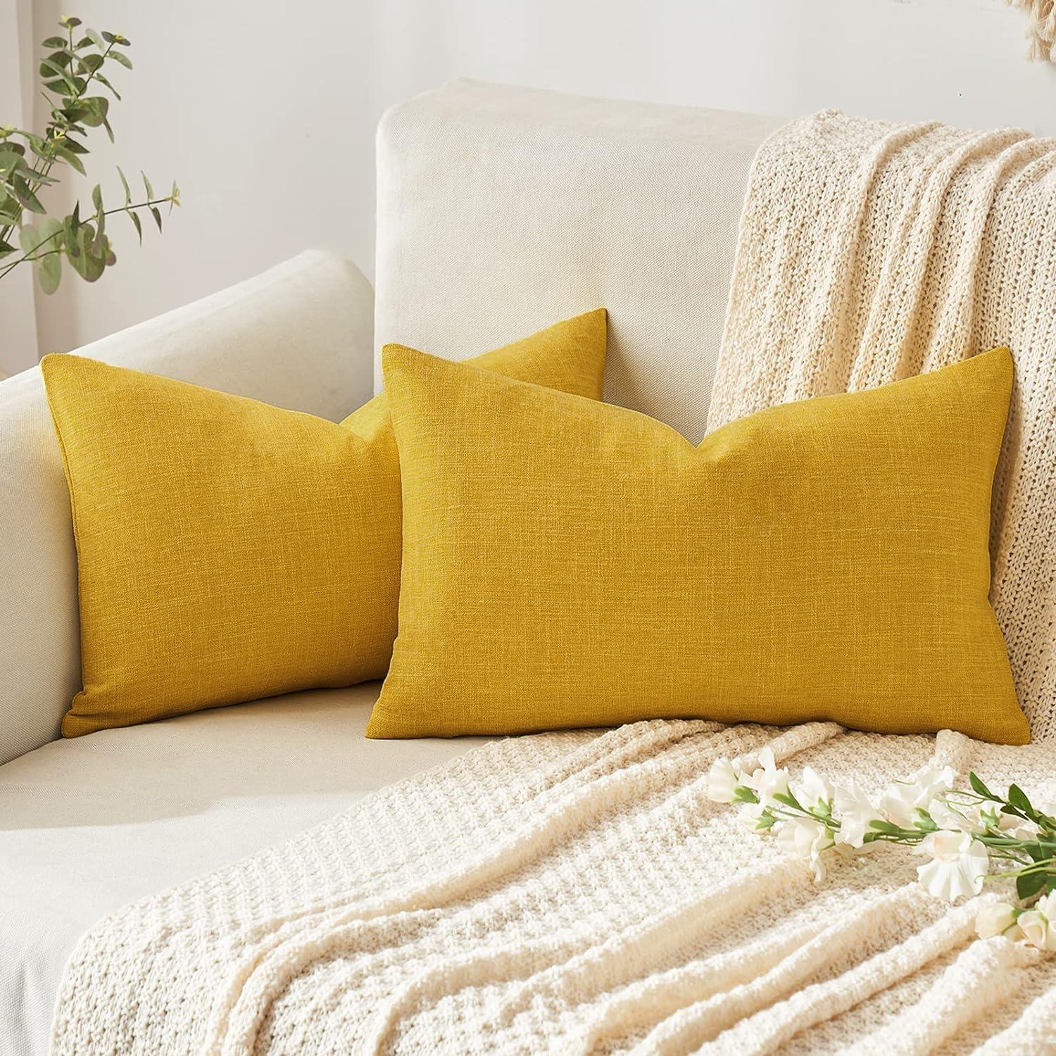 imageMIULEE Pack of 2 Decorative Linen Burlap Textured Pillow Covers Farmhouse Boho Accent Pillowcases Spring Home Decor for Couch Sofa Bedroom Living Room 18x18 Inch Light Olive GreenBright Yellow