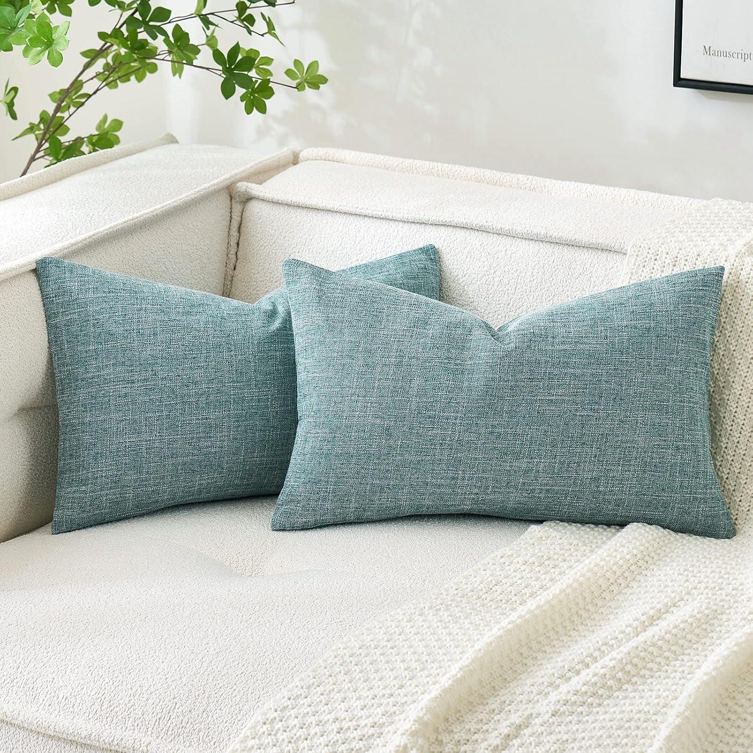 imageMIULEE Pack of 2 Decorative Linen Burlap Textured Pillow Covers Farmhouse Boho Accent Pillowcases Spring Home Decor for Couch Sofa Bedroom Living Room 18x18 Inch Light Olive GreenTeal