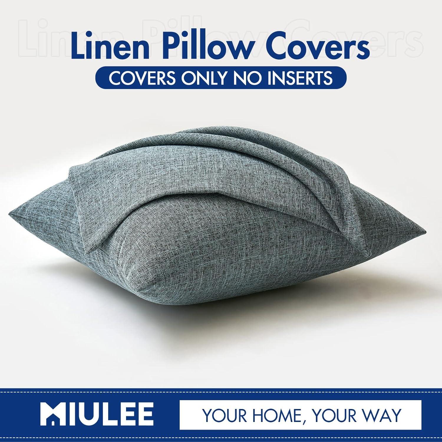 imageMIULEE Pack of 2 Decorative Linen Burlap Textured Pillow Covers Farmhouse Boho Accent Pillowcases Spring Home Decor for Couch Sofa Bedroom Living Room 18x18 Inch Light Olive GreenGrey Blue