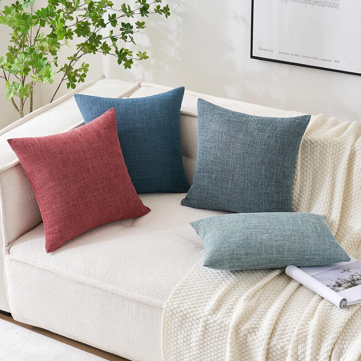 imageMIULEE Pack of 2 Decorative Linen Burlap Textured Pillow Covers Farmhouse Boho Accent Pillowcases Spring Home Decor for Couch Sofa Bedroom Living Room 18x18 Inch Light Olive GreenDusty Blue