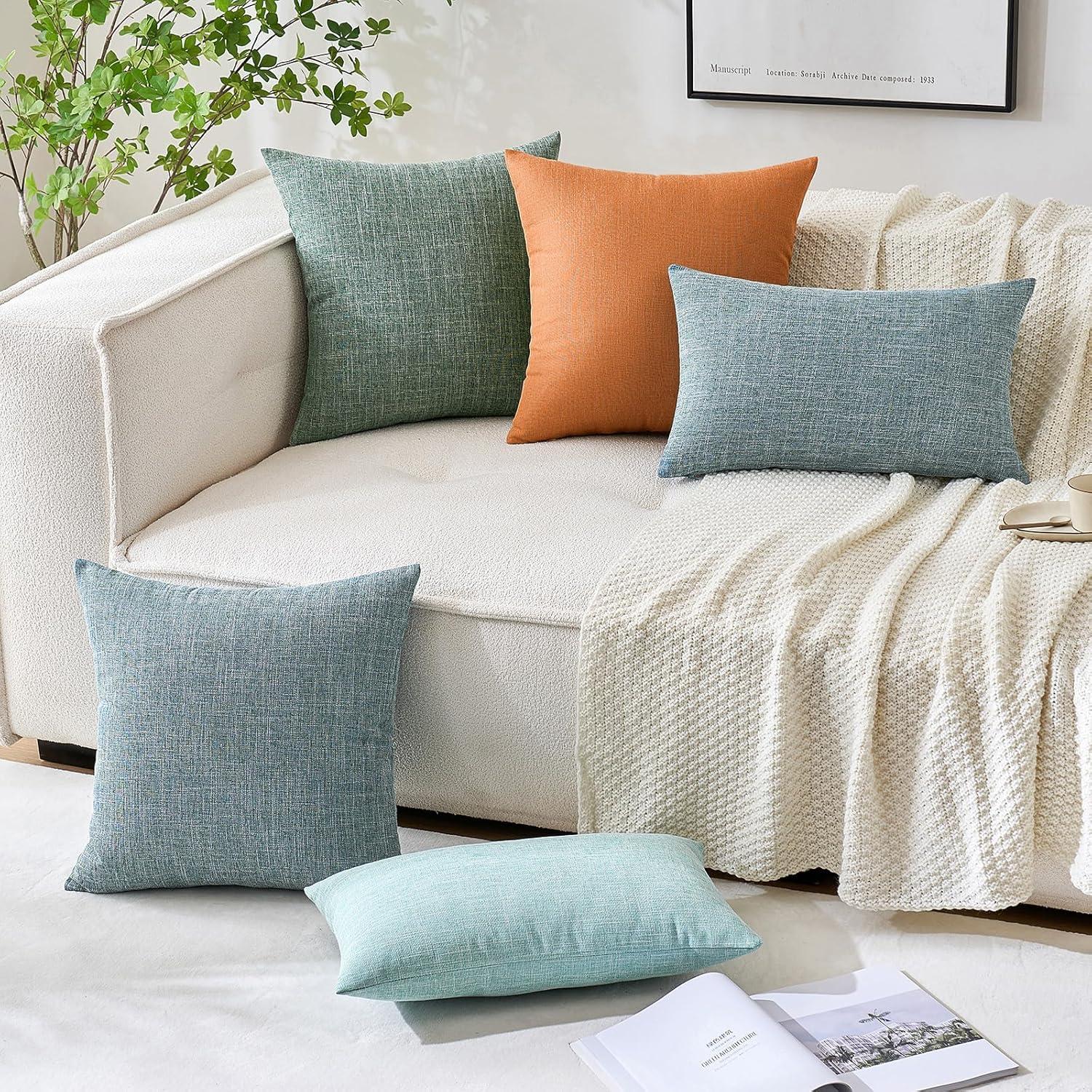 imageMIULEE Pack of 2 Decorative Linen Burlap Textured Pillow Covers Farmhouse Boho Accent Pillowcases Spring Home Decor for Couch Sofa Bedroom Living Room 18x18 Inch Light Olive GreenBurnt Orange