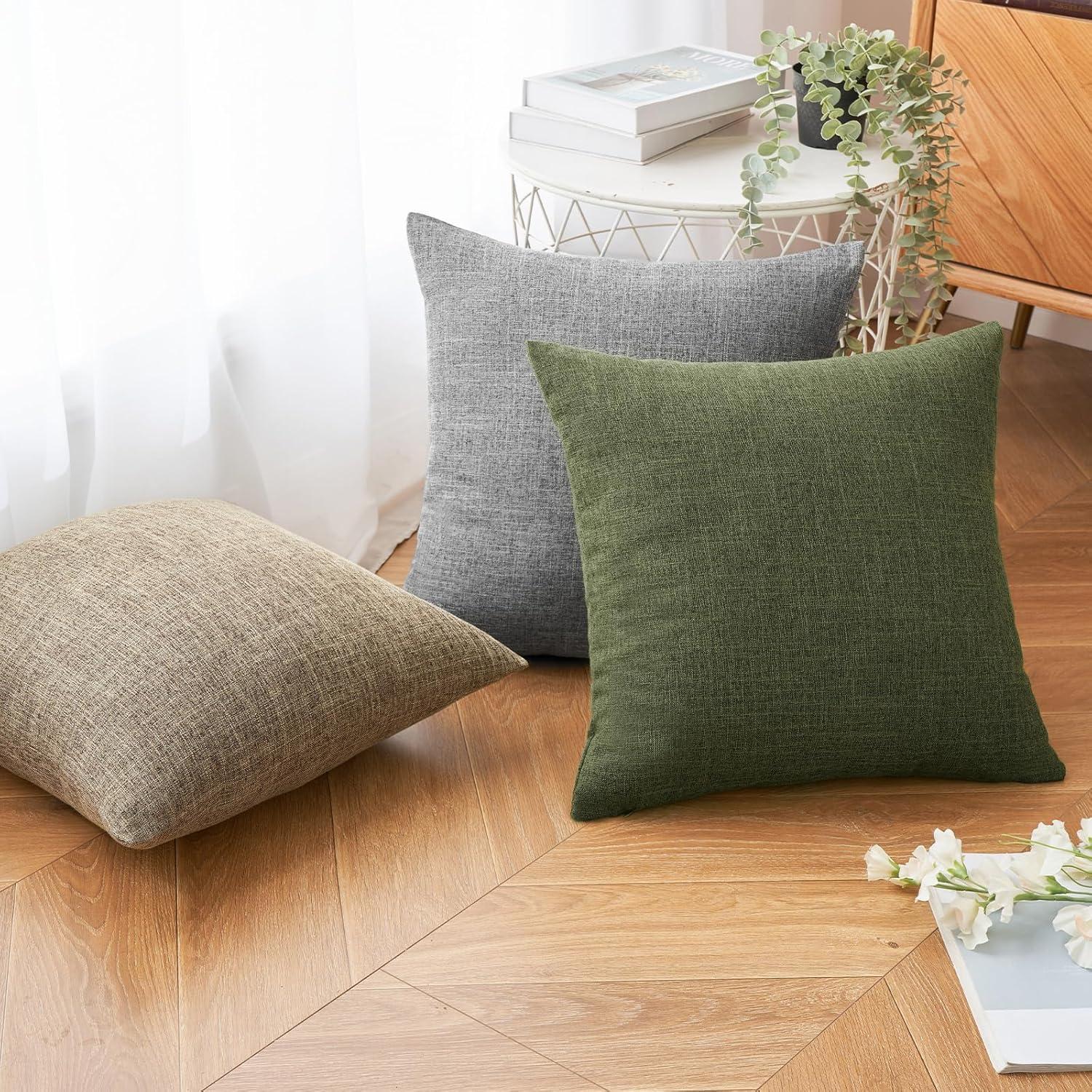 imageMIULEE Pack of 2 Decorative Linen Burlap Textured Pillow Covers Farmhouse Boho Accent Pillowcases Spring Home Decor for Couch Sofa Bedroom Living Room 18x18 Inch Light Olive GreenDark Olive Green