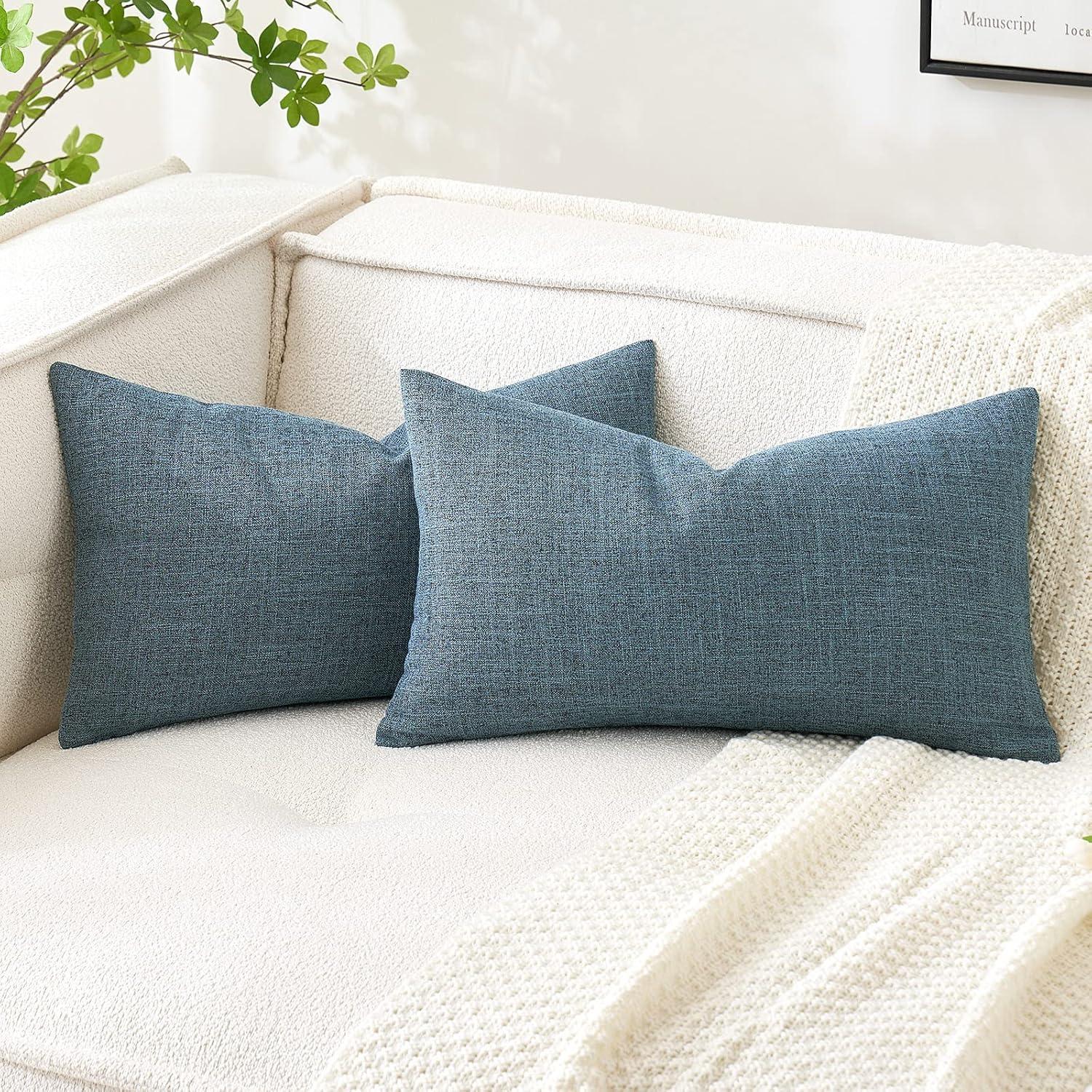 imageMIULEE Pack of 2 Decorative Linen Burlap Textured Pillow Covers Farmhouse Boho Accent Pillowcases Spring Home Decor for Couch Sofa Bedroom Living Room 18x18 Inch Light Olive GreenDusty Blue