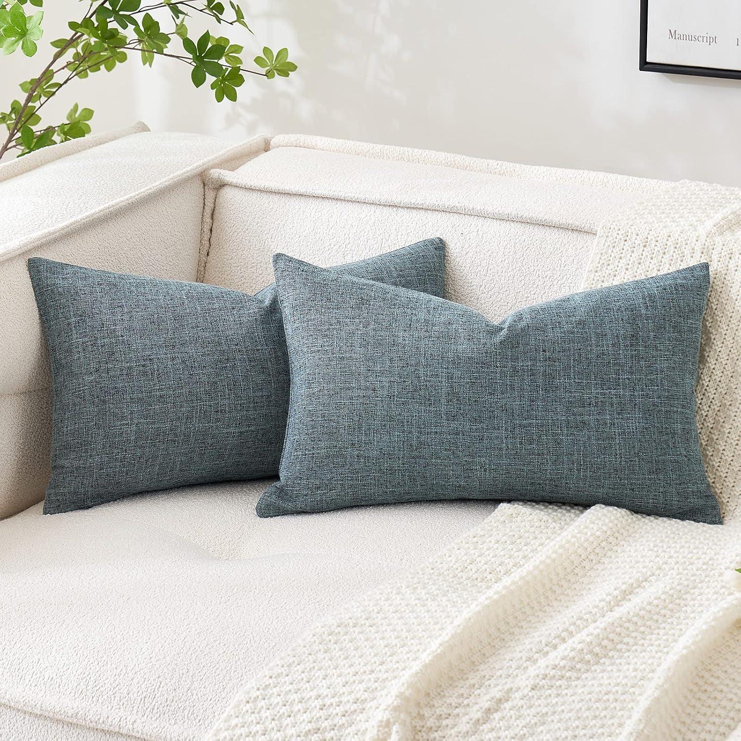 imageMIULEE Pack of 2 Decorative Linen Burlap Textured Pillow Covers Farmhouse Boho Accent Pillowcases Spring Home Decor for Couch Sofa Bedroom Living Room 18x18 Inch Light Olive GreenGrey Blue