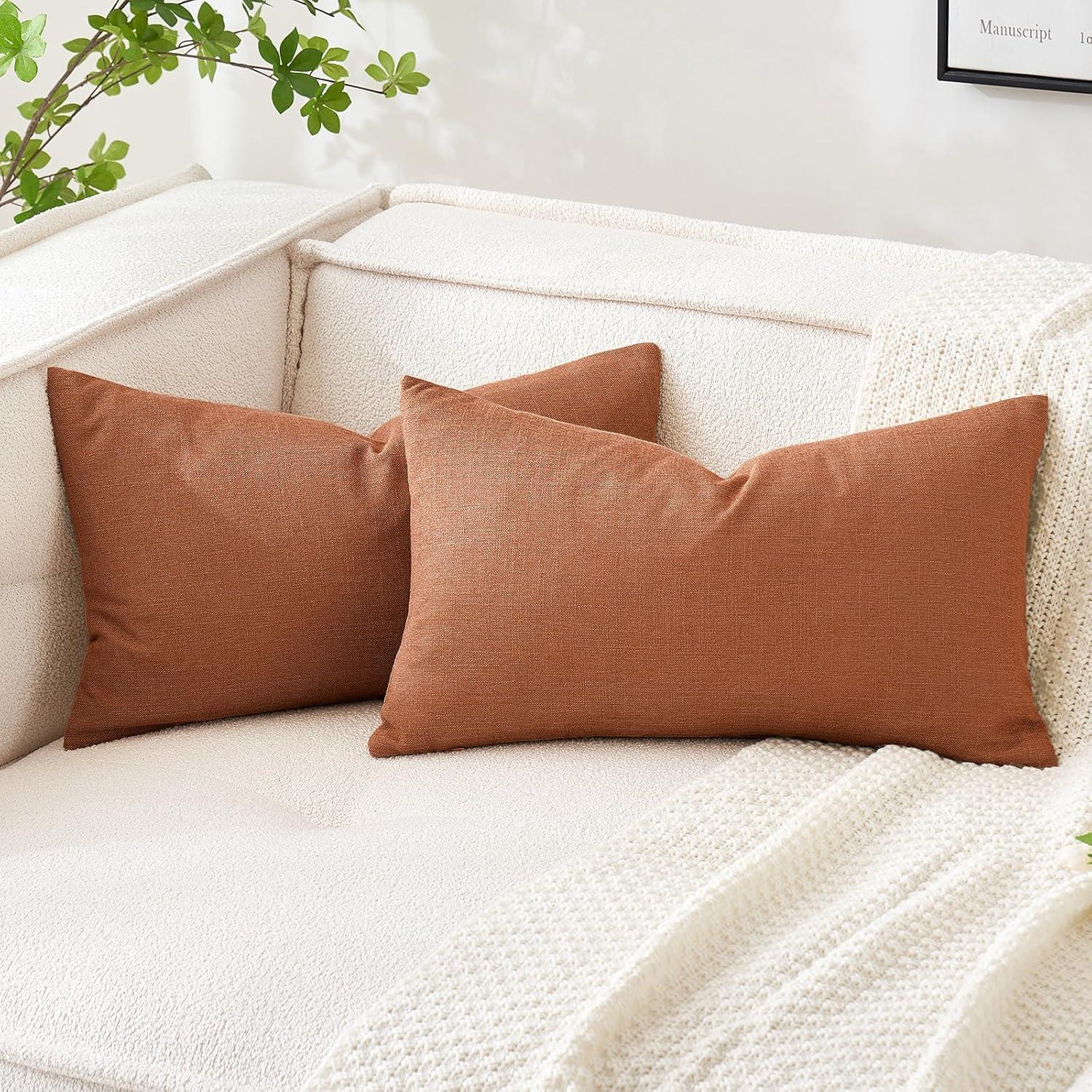 imageMIULEE Pack of 2 Decorative Linen Burlap Textured Pillow Covers Farmhouse Boho Accent Pillowcases Spring Home Decor for Couch Sofa Bedroom Living Room 18x18 Inch Light Olive GreenRust