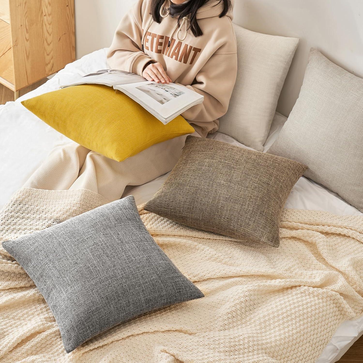 imageMIULEE Pack of 2 Decorative Linen Burlap Textured Pillow Covers Farmhouse Boho Accent Pillowcases Spring Home Decor for Couch Sofa Bedroom Living Room 18x18 Inch Light Olive GreenBright Yellow