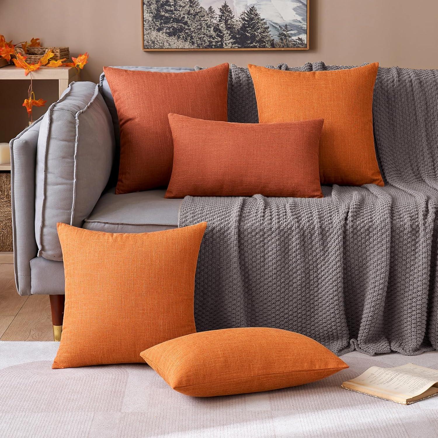 imageMIULEE Pack of 2 Decorative Linen Burlap Textured Pillow Covers Farmhouse Boho Accent Pillowcases Spring Home Decor for Couch Sofa Bedroom Living Room 18x18 Inch Light Olive GreenBurnt Orange