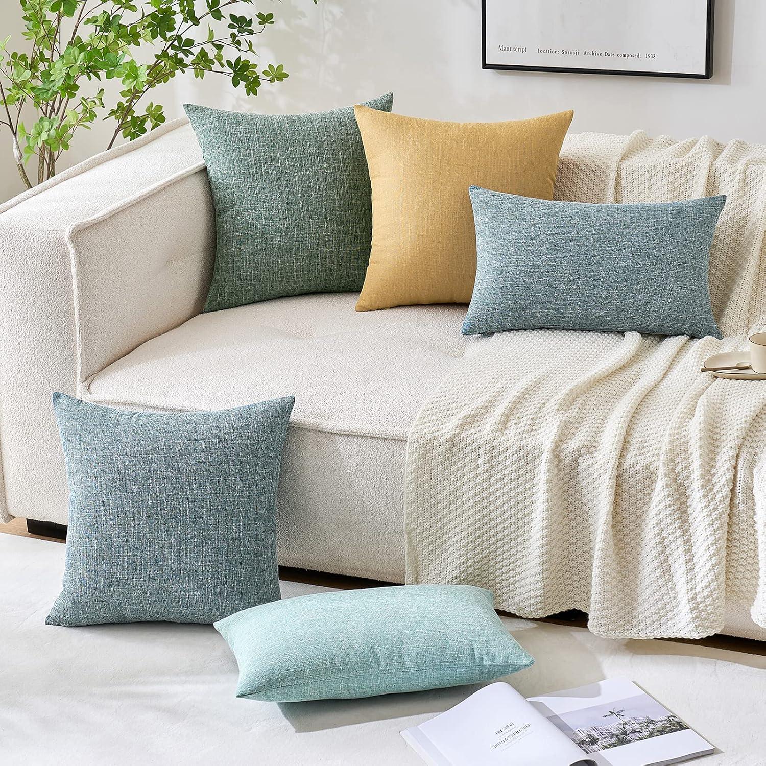 imageMIULEE Pack of 2 Decorative Linen Burlap Textured Pillow Covers Farmhouse Boho Accent Pillowcases Spring Home Decor for Couch Sofa Bedroom Living Room 18x18 Inch Light Olive GreenTeal
