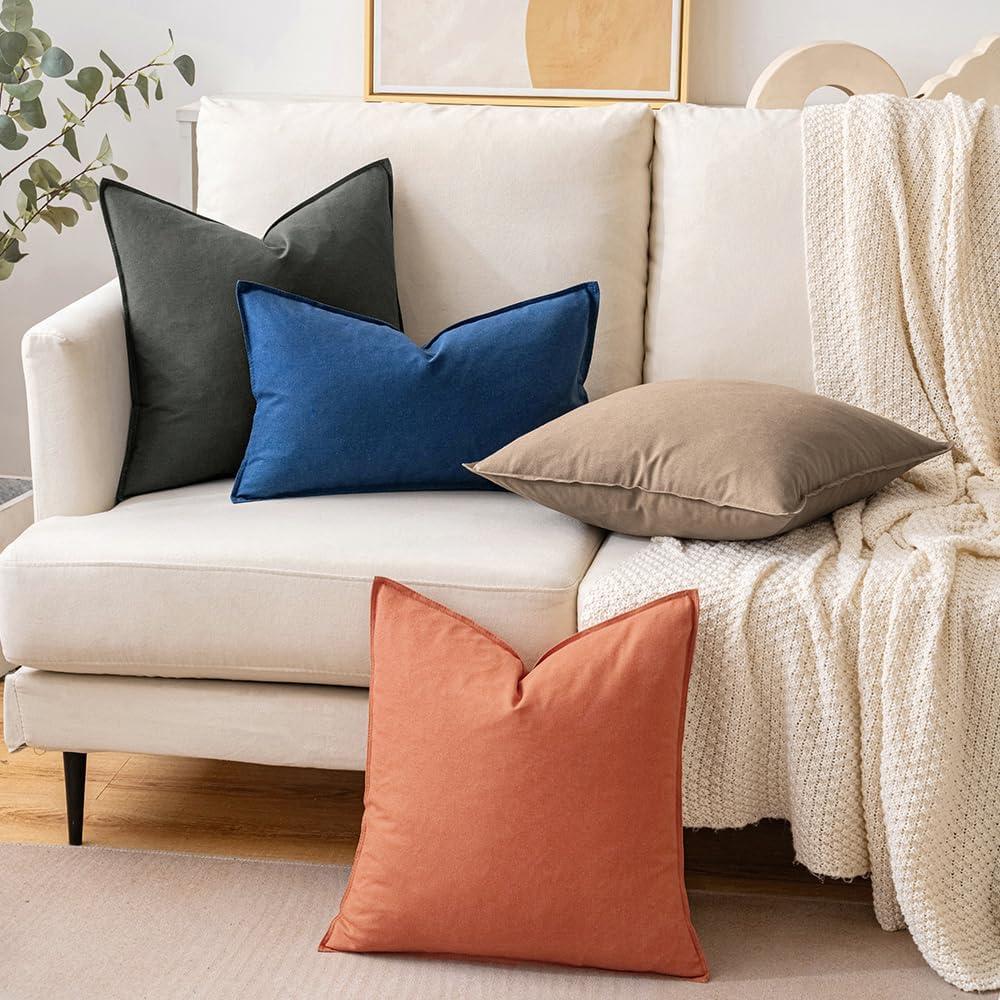 imageMIULEE Pack of 2 Decorative Linen Pillow Covers Boho Farmhouse Modern Soft Accent Throw Pillows Neutral Cushion Covers for Sofa Couch Bed Living Room Home Decor 18x18 Inch Olive GreenCoco Brown