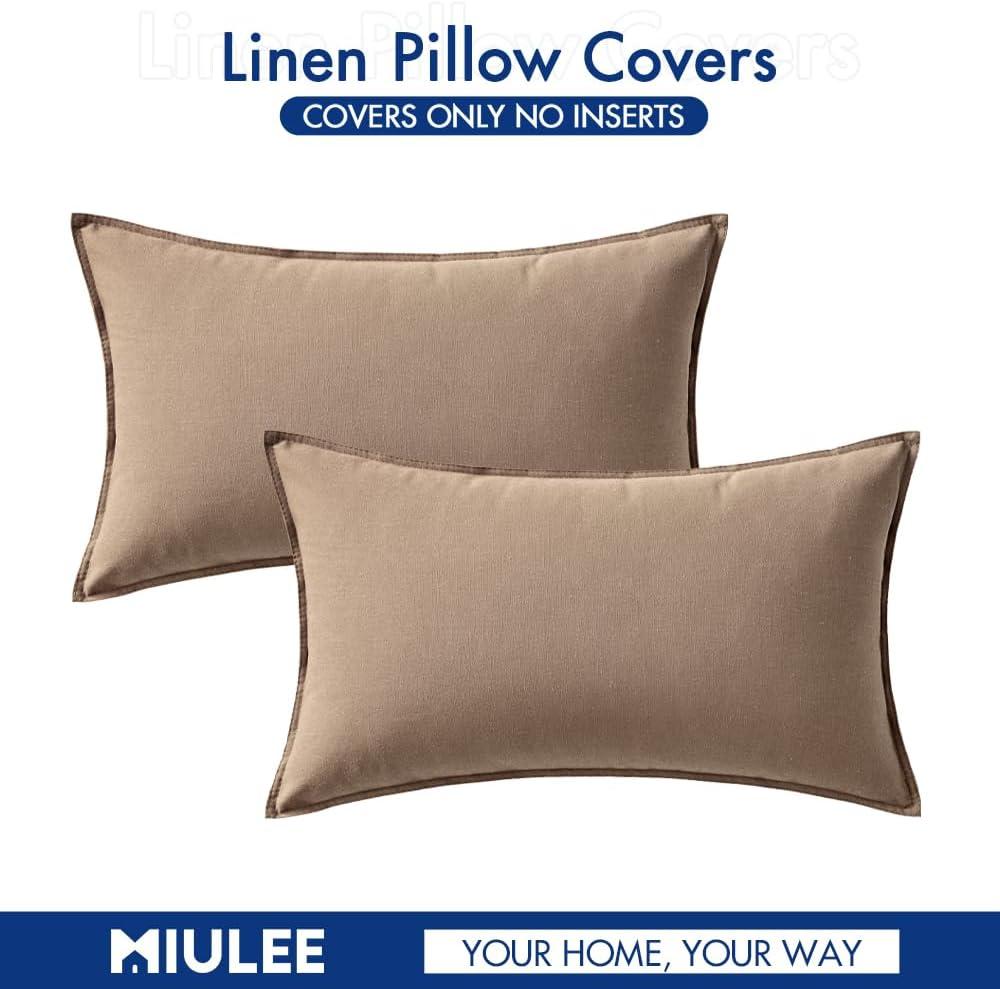 imageMIULEE Pack of 2 Decorative Linen Pillow Covers Boho Farmhouse Modern Soft Accent Throw Pillows Neutral Cushion Covers for Sofa Couch Bed Living Room Home Decor 18x18 Inch Olive GreenCoco Brown