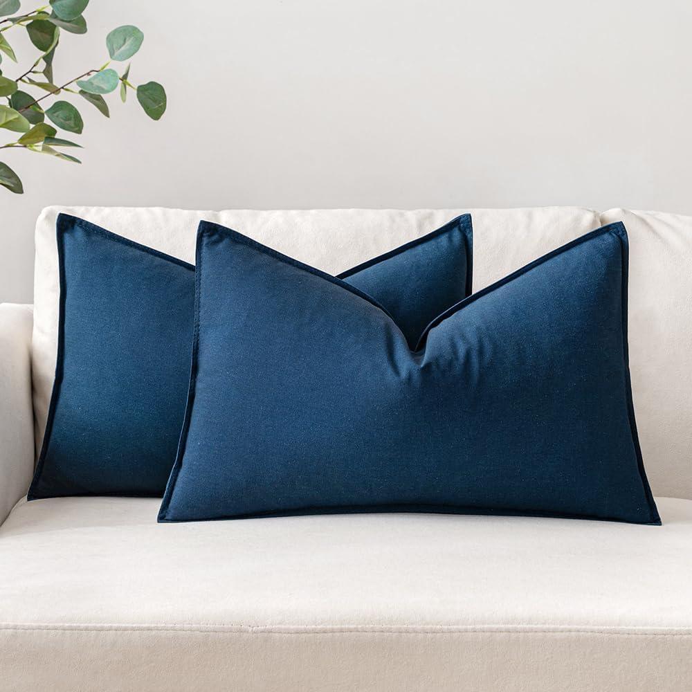 imageMIULEE Pack of 2 Decorative Linen Pillow Covers Boho Farmhouse Modern Soft Accent Throw Pillows Neutral Cushion Covers for Sofa Couch Bed Living Room Home Decor 18x18 Inch Olive GreenNavy