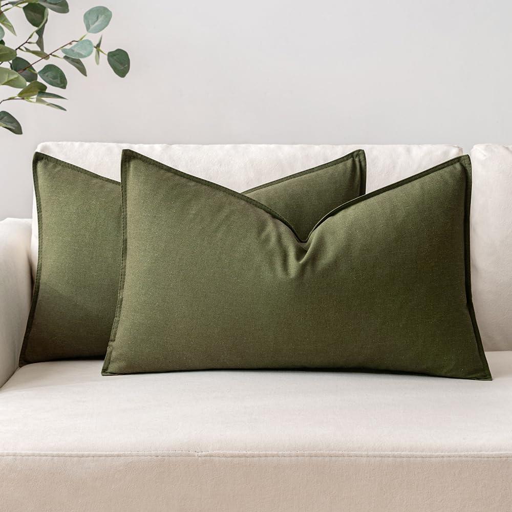 imageMIULEE Pack of 2 Decorative Linen Pillow Covers Boho Farmhouse Modern Soft Accent Throw Pillows Neutral Cushion Covers for Sofa Couch Bed Living Room Home Decor 18x18 Inch Olive GreenOlive Green