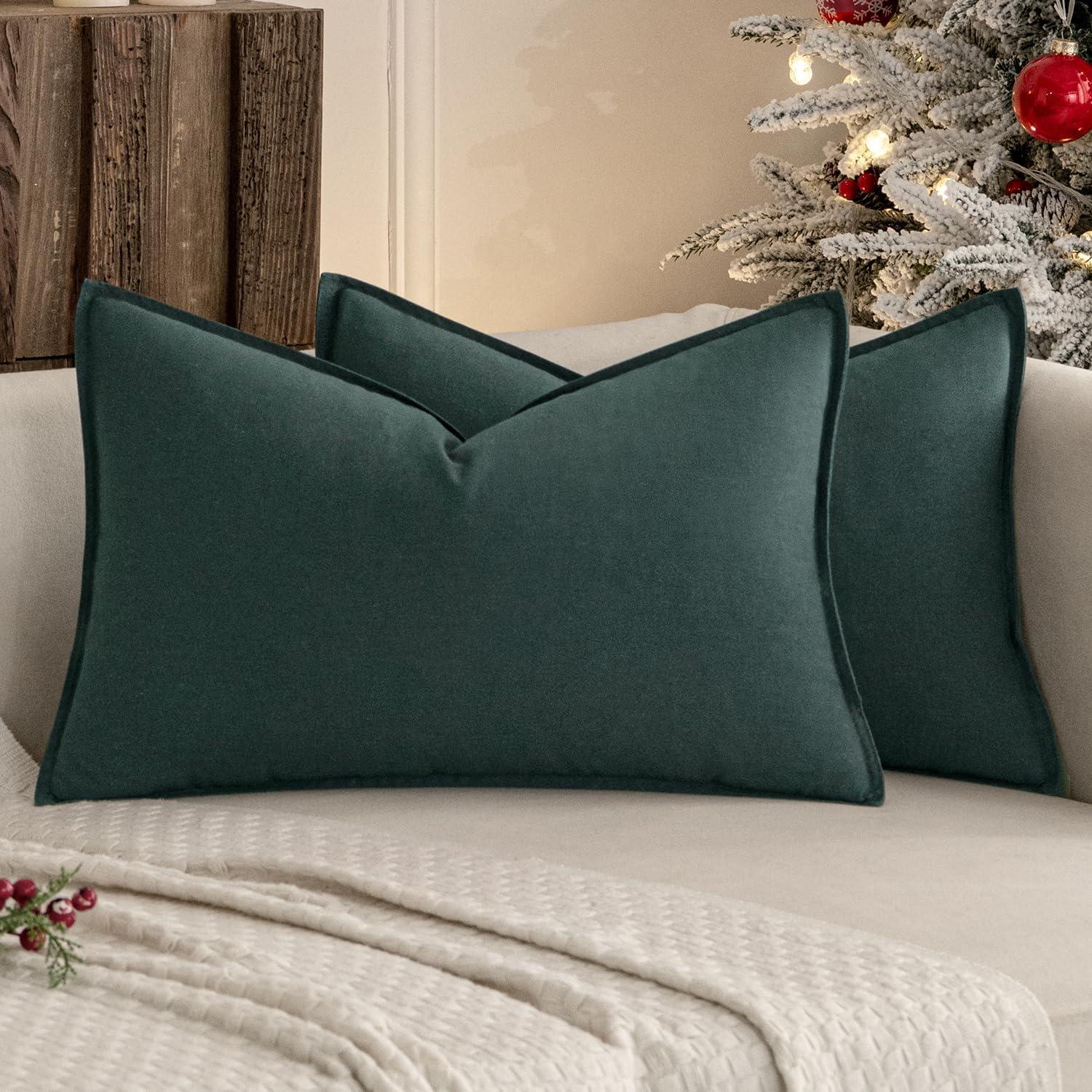 imageMIULEE Pack of 2 Decorative Linen Pillow Covers Boho Farmhouse Modern Soft Accent Throw Pillows Neutral Cushion Covers for Sofa Couch Bed Living Room Home Decor 18x18 Inch Olive GreenDeep Green
