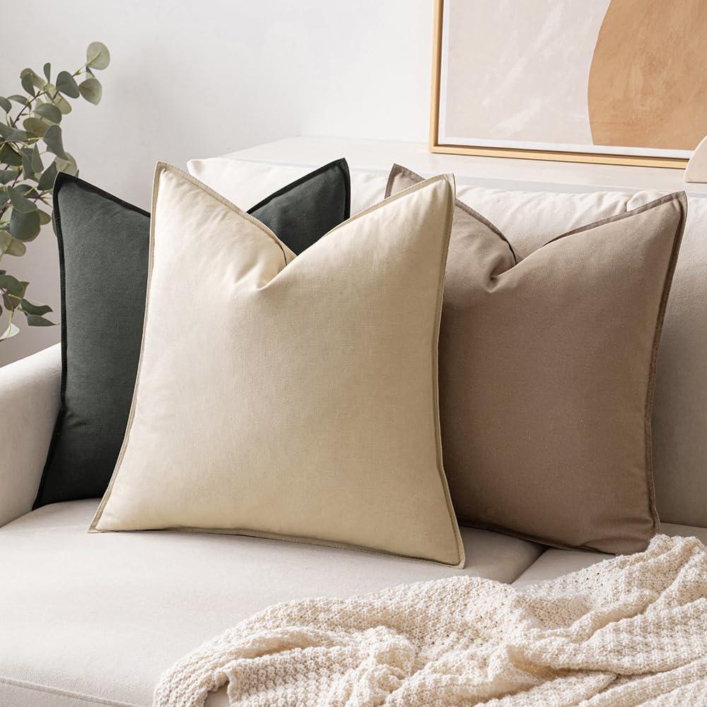 imageMIULEE Pack of 2 Decorative Linen Pillow Covers Boho Farmhouse Modern Soft Accent Throw Pillows Neutral Cushion Covers for Sofa Couch Bed Living Room Home Decor 18x18 Inch Olive GreenCoco Brown