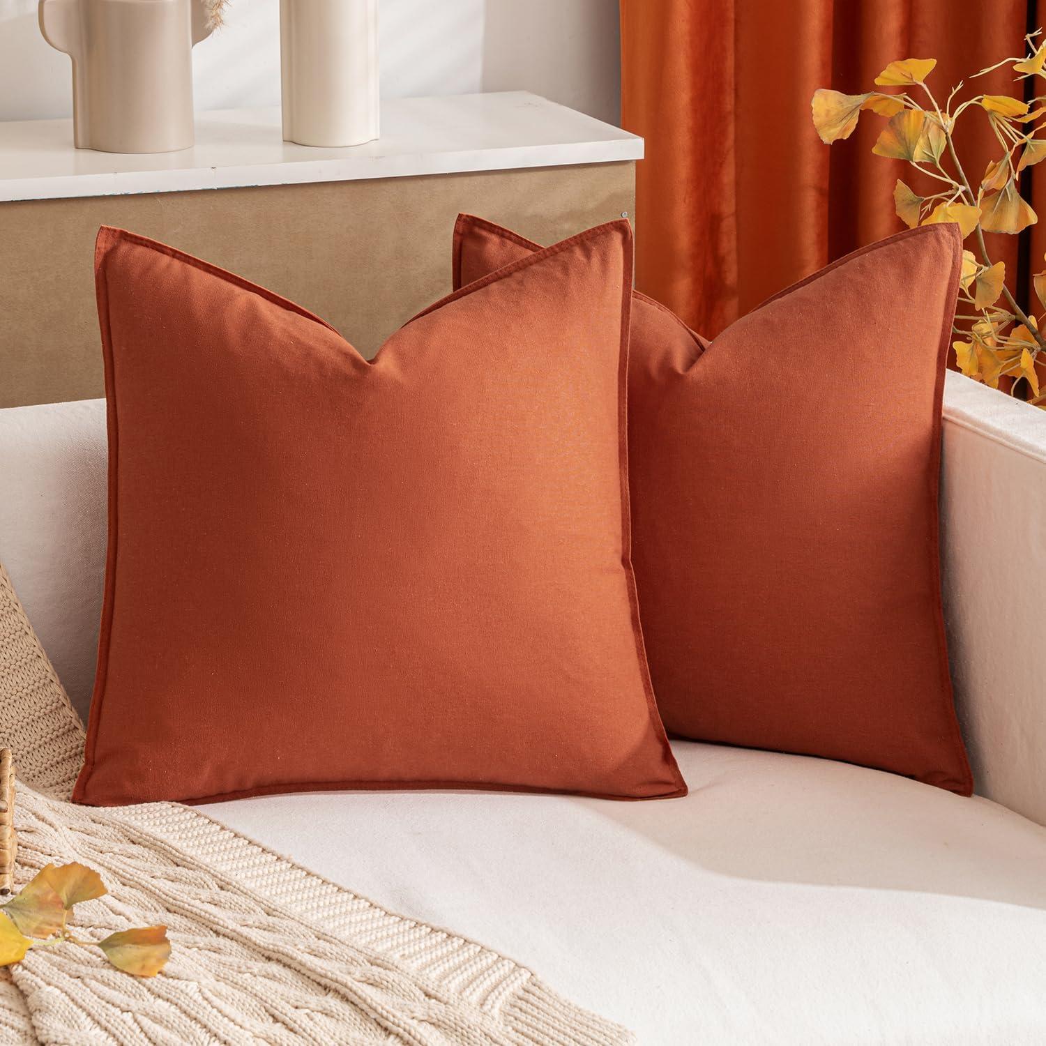 imageMIULEE Pack of 2 Decorative Linen Pillow Covers Boho Farmhouse Modern Soft Accent Throw Pillows Neutral Cushion Covers for Sofa Couch Bed Living Room Home Decor 18x18 Inch Olive GreenBurnt Orange