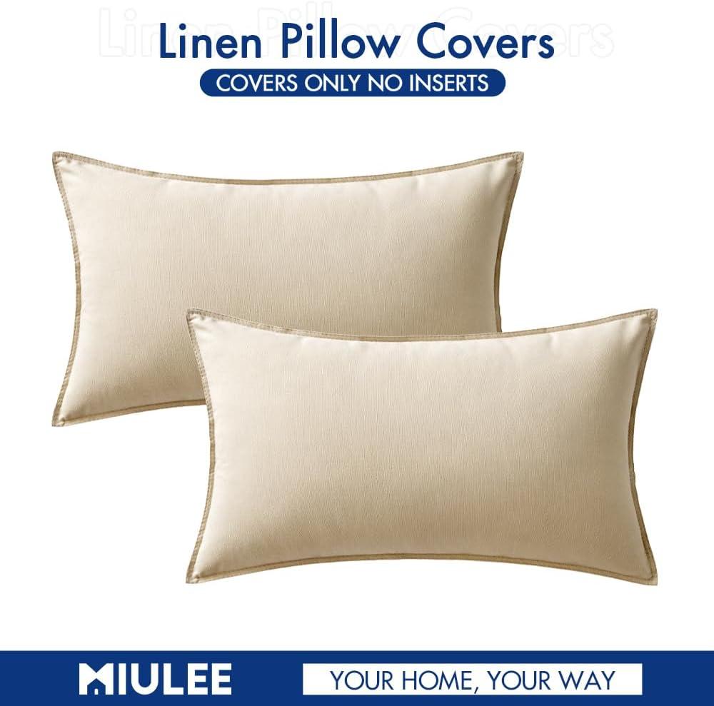 imageMIULEE Pack of 2 Decorative Linen Pillow Covers Boho Farmhouse Modern Soft Accent Throw Pillows Neutral Cushion Covers for Sofa Couch Bed Living Room Home Decor 18x18 Inch Olive GreenBeige
