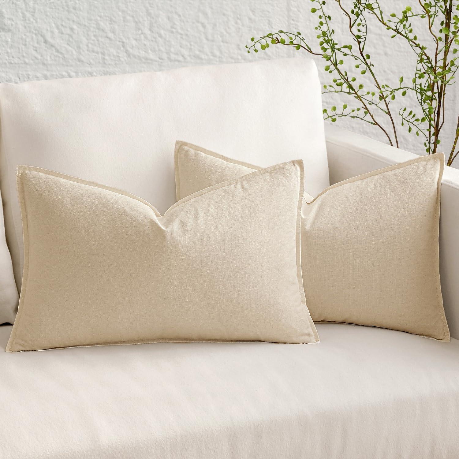 imageMIULEE Pack of 2 Decorative Linen Pillow Covers Boho Farmhouse Modern Soft Accent Throw Pillows Neutral Cushion Covers for Sofa Couch Bed Living Room Home Decor 18x18 Inch Olive GreenBeige