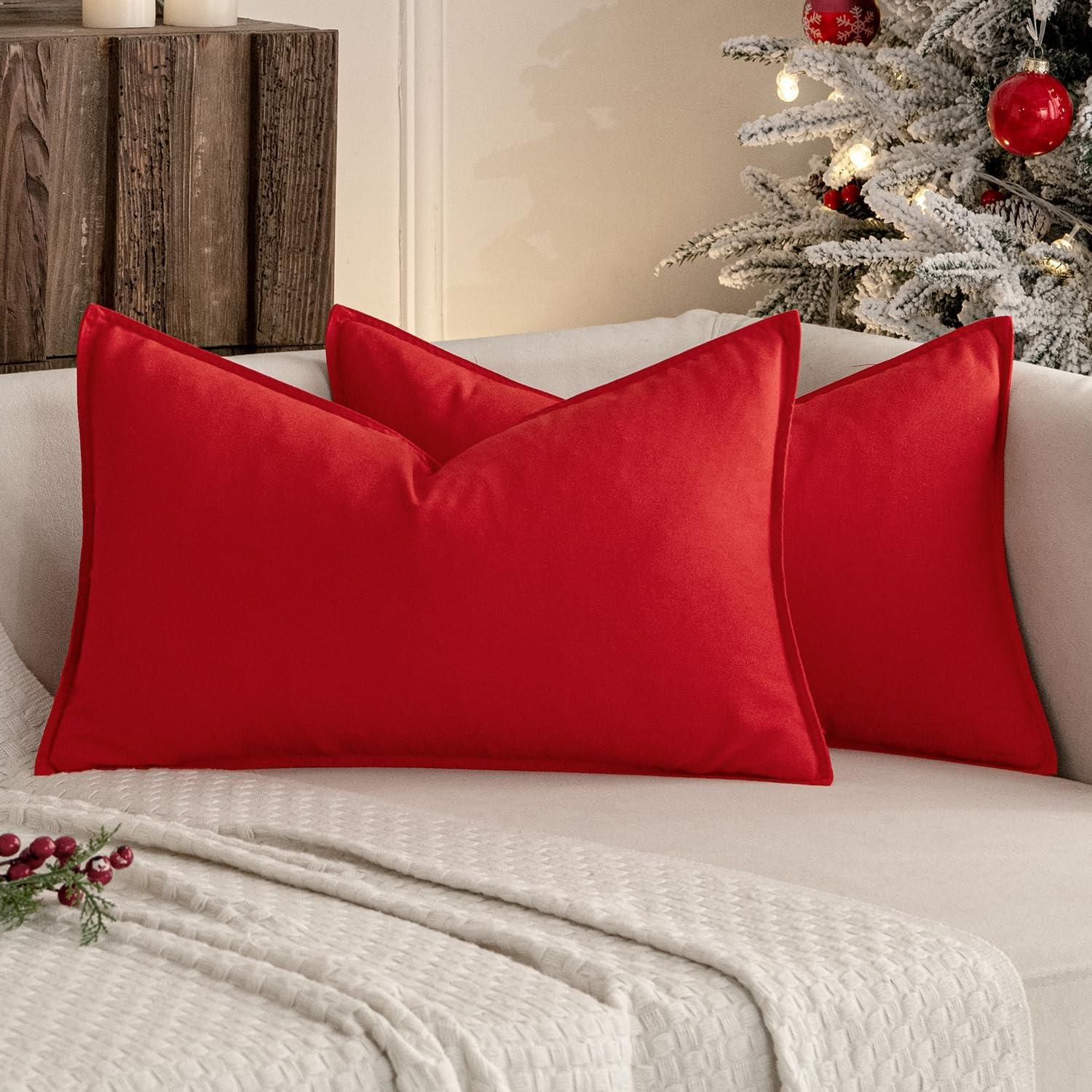 imageMIULEE Pack of 2 Decorative Linen Pillow Covers Boho Farmhouse Modern Soft Accent Throw Pillows Neutral Cushion Covers for Sofa Couch Bed Living Room Home Decor 18x18 Inch Olive GreenChristmas Red