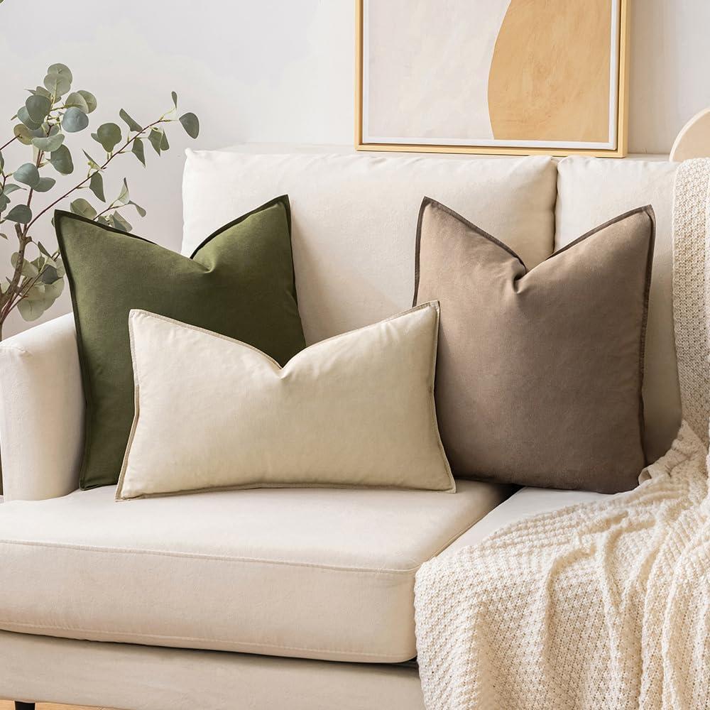 imageMIULEE Pack of 2 Decorative Linen Pillow Covers Boho Farmhouse Modern Soft Accent Throw Pillows Neutral Cushion Covers for Sofa Couch Bed Living Room Home Decor 18x18 Inch Olive GreenBeige
