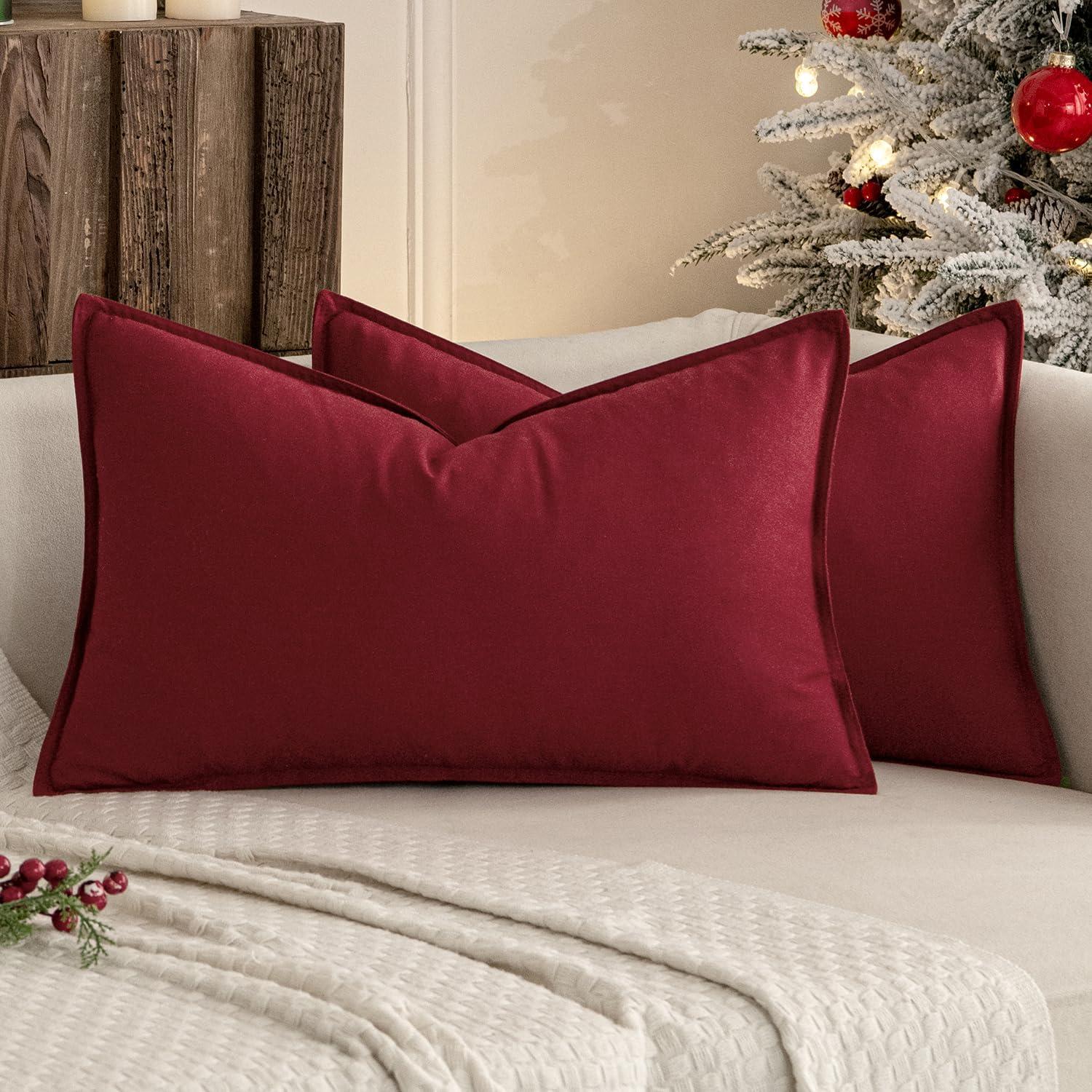 imageMIULEE Pack of 2 Decorative Linen Pillow Covers Boho Farmhouse Modern Soft Accent Throw Pillows Neutral Cushion Covers for Sofa Couch Bed Living Room Home Decor 18x18 Inch Olive GreenBurgundy Red
