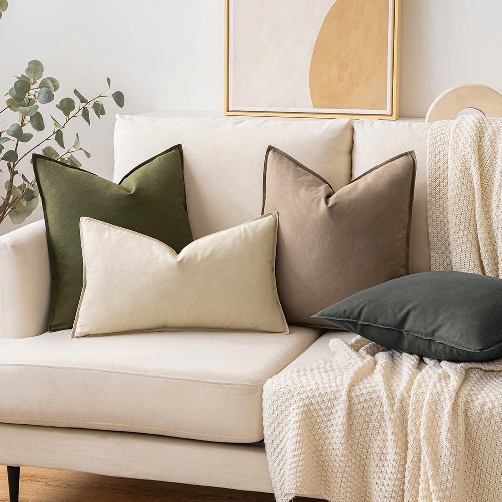 imageMIULEE Pack of 2 Decorative Linen Pillow Covers Boho Farmhouse Modern Soft Accent Throw Pillows Neutral Cushion Covers for Sofa Couch Bed Living Room Home Decor 18x18 Inch Olive GreenCoco Brown