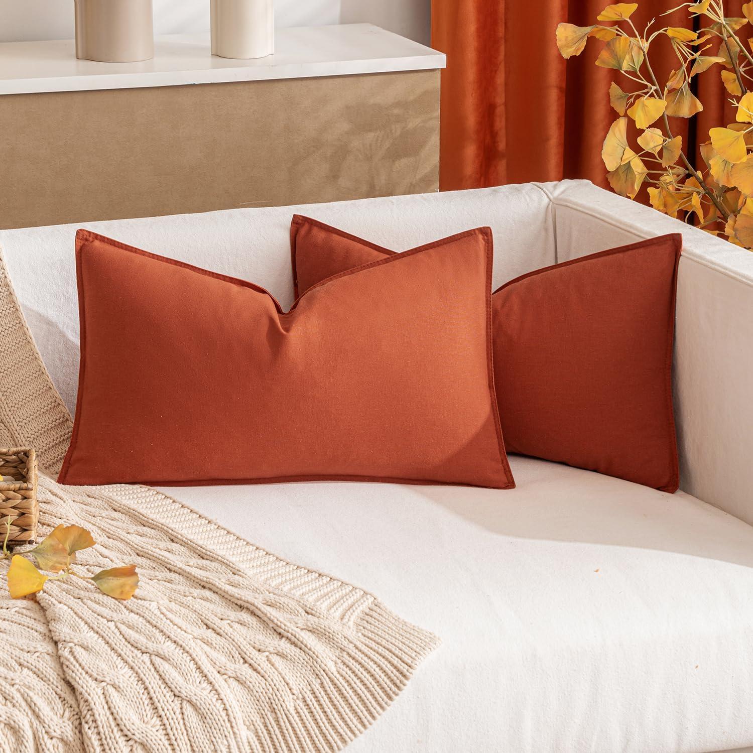 imageMIULEE Pack of 2 Decorative Linen Pillow Covers Boho Farmhouse Modern Soft Accent Throw Pillows Neutral Cushion Covers for Sofa Couch Bed Living Room Home Decor 18x18 Inch Olive GreenBurnt Orange
