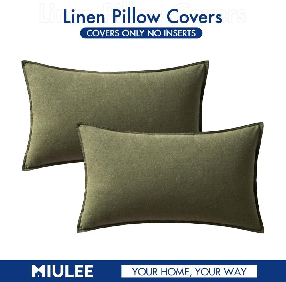 imageMIULEE Pack of 2 Decorative Linen Pillow Covers Boho Farmhouse Modern Soft Accent Throw Pillows Neutral Cushion Covers for Sofa Couch Bed Living Room Home Decor 18x18 Inch Olive GreenOlive Green